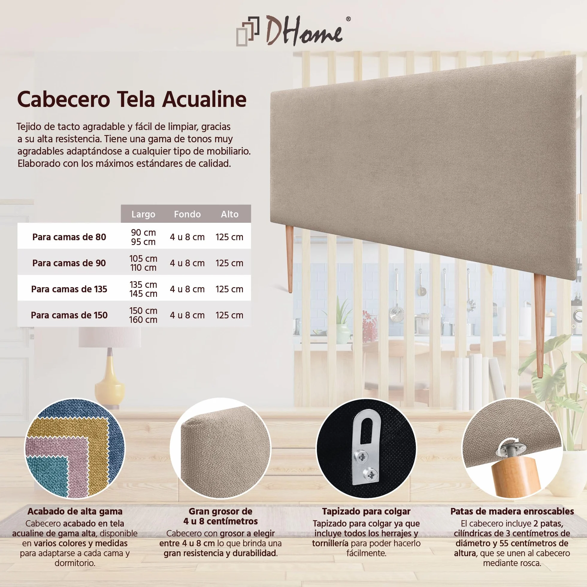 DHOME Cabecero Tapizado Liso de Tela Aqualine con Patas Altura 70CM Grosor 4cm y 8cm para Pared Acústicos Cabeceros Cabezal Absorbentes Cama Dormitorio (Tela Beige, 150cm, Grosor 8cm)