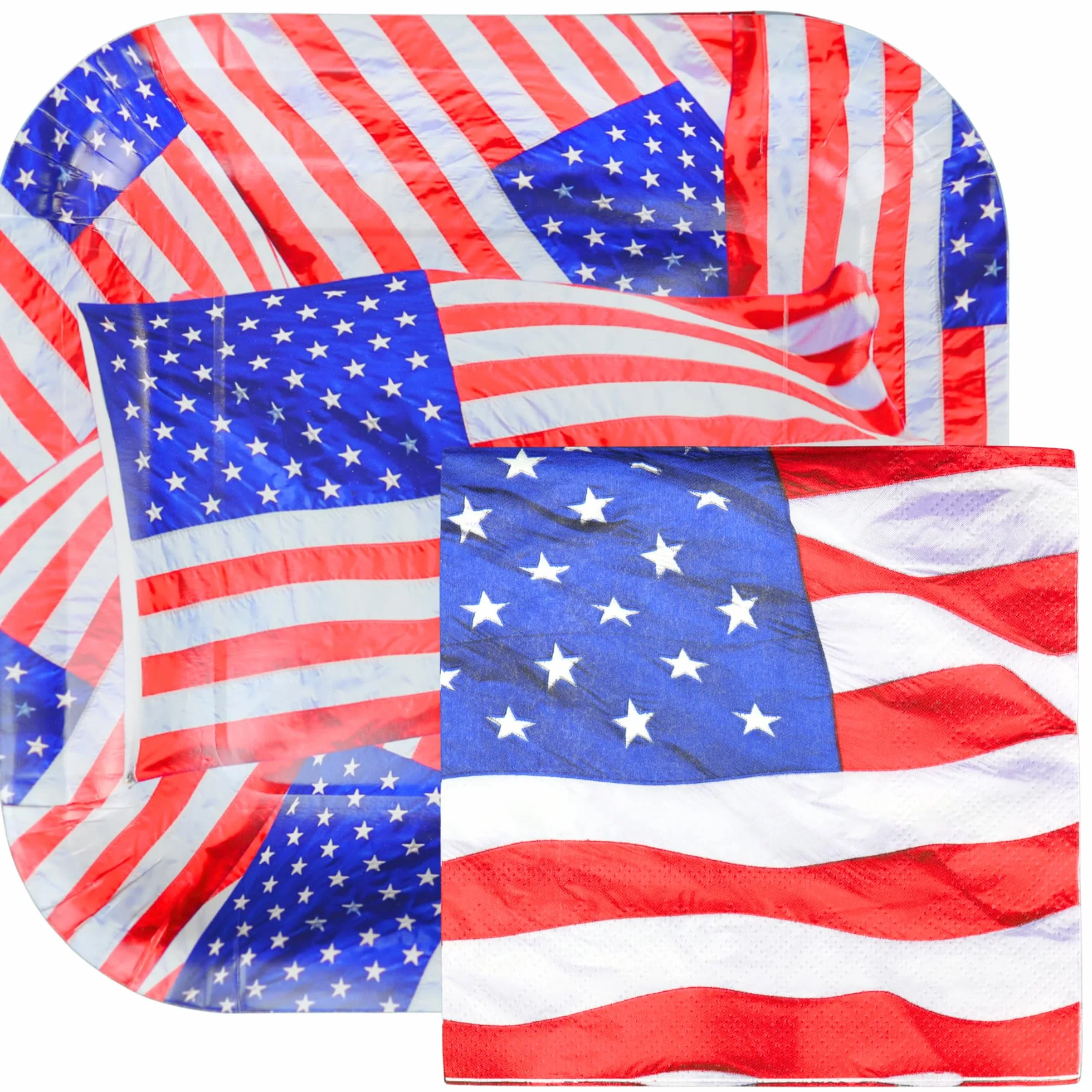 Iconikal Paquete de cena desechable, 40 platos y 60 servilletas, juego de bandera patriótica de Estados Unidos