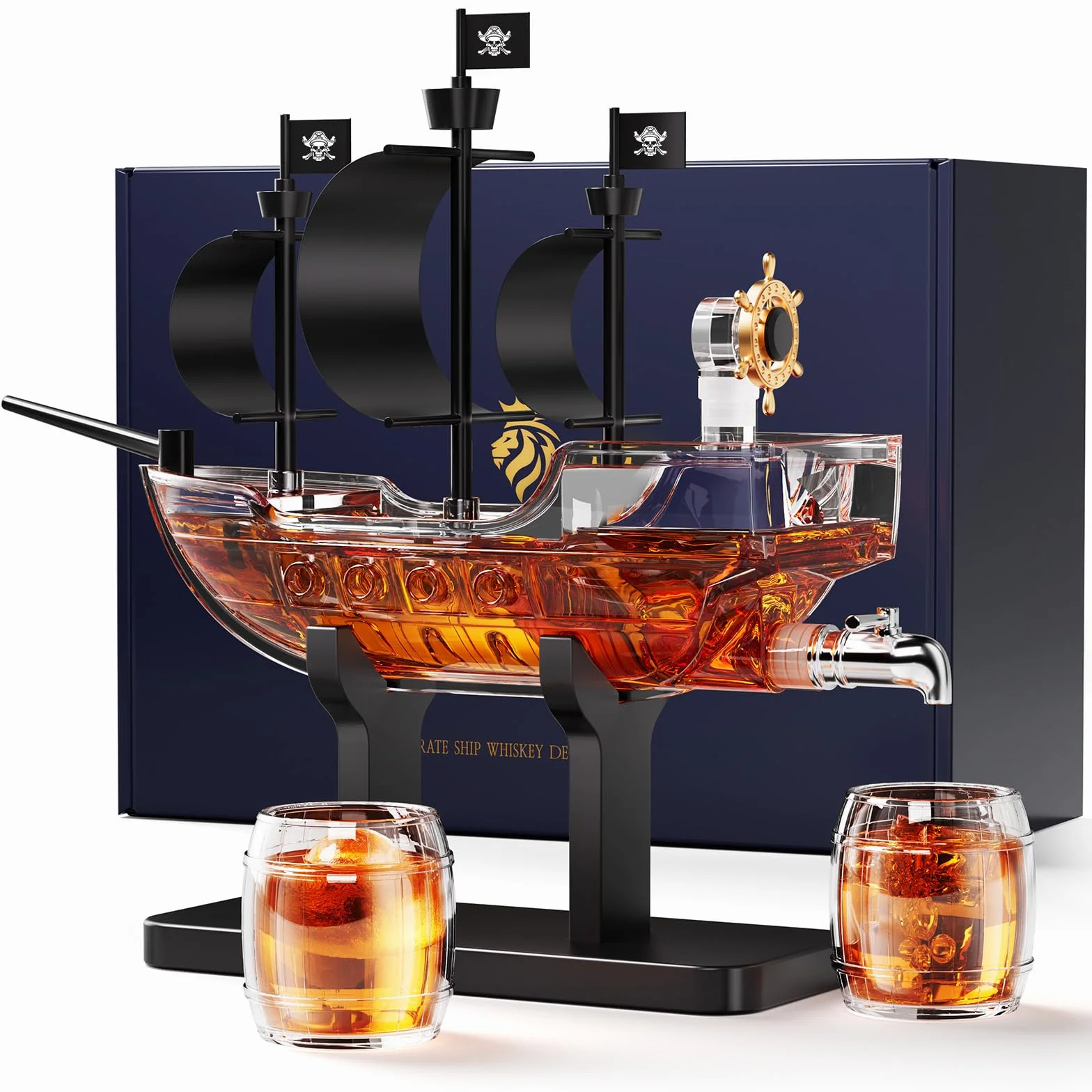 Kollea Regalos de cumpleaños para hombres papá, decantador de whisky con barco pirata, juego de 2 vasos, dispensador de licores para el bar en casa, ideas de regalo divertidas para él, novio