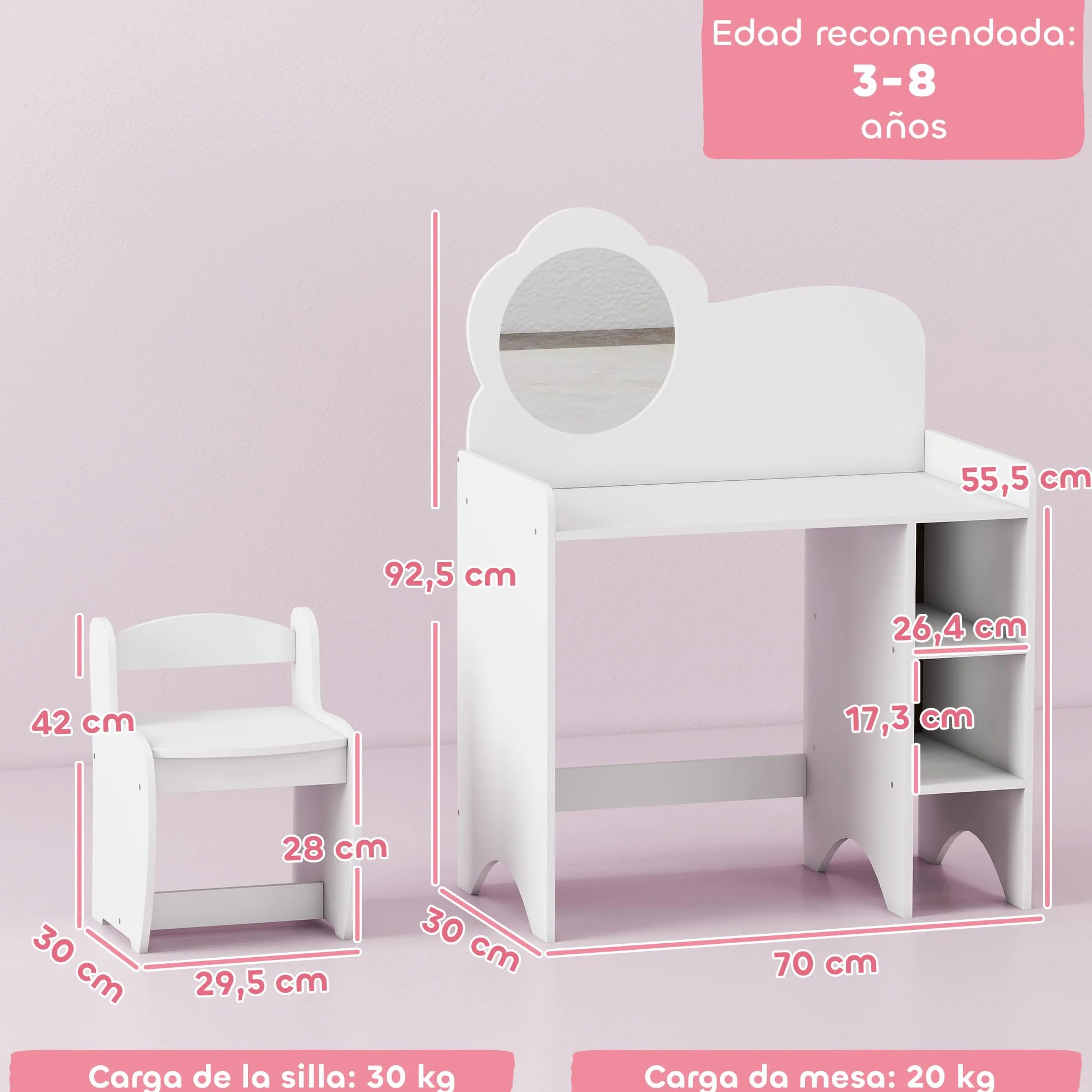 AIYAPLAY Tocador de Maquillaje Niña 2 en 1 Escritorio con Taburete Espejo Flor Estantes Abiertos Blanco