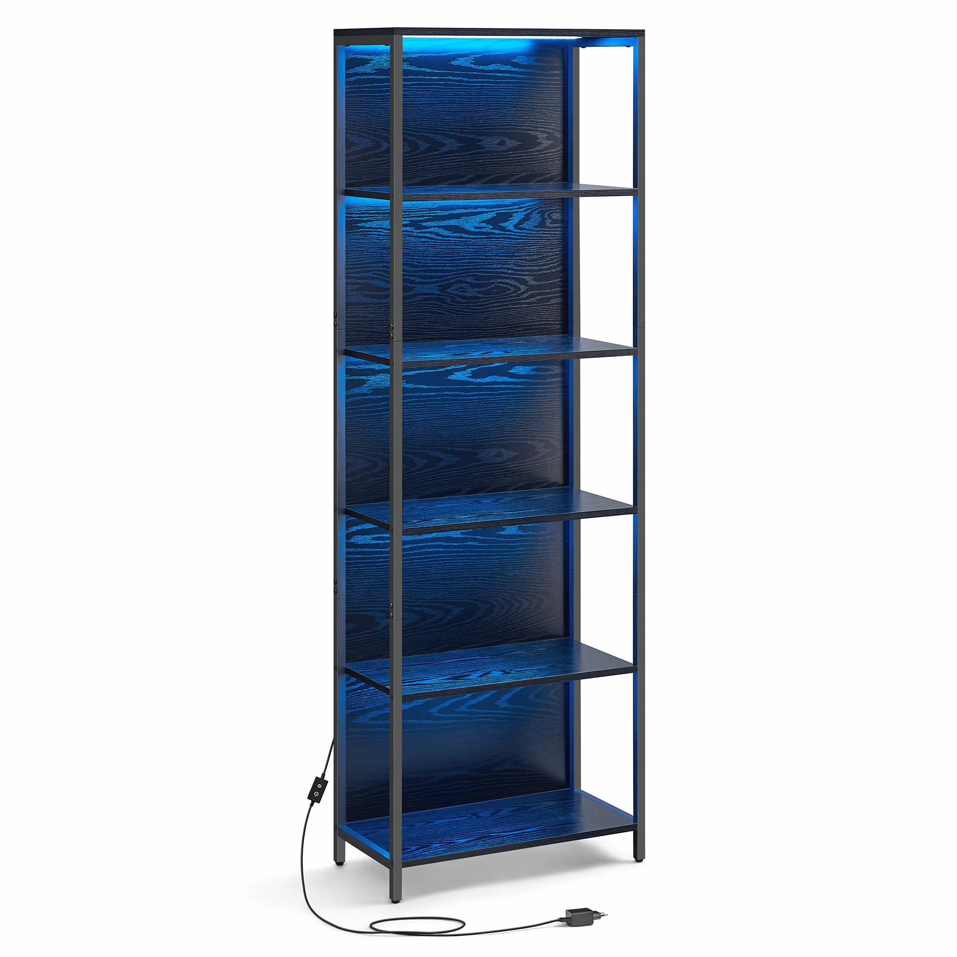 VASAGLE Estantería de 6 Niveles con Luz LED, Librería con Luces Ajustables, Marco de Acero, 30,3 x 60 x 178,6 cm, para Sala de Estar, Dormitorio, Oficina, Negro Ébano LLS120B57