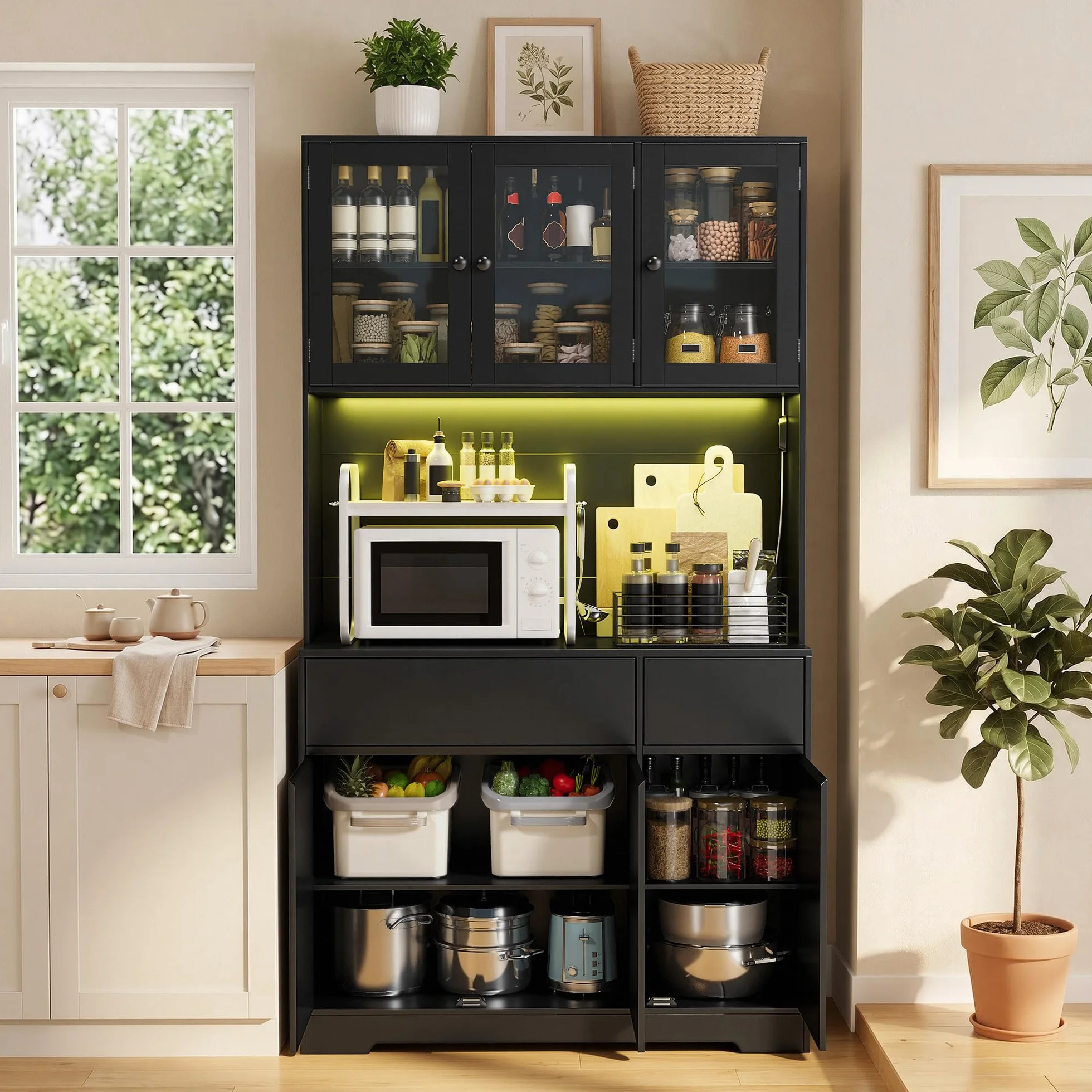 Armario Cocina Alto con LED y Enchufe, Mueble Auxiliar con Vitrina 6 Puertas 2 Cajones, 100x38,5x180 cm