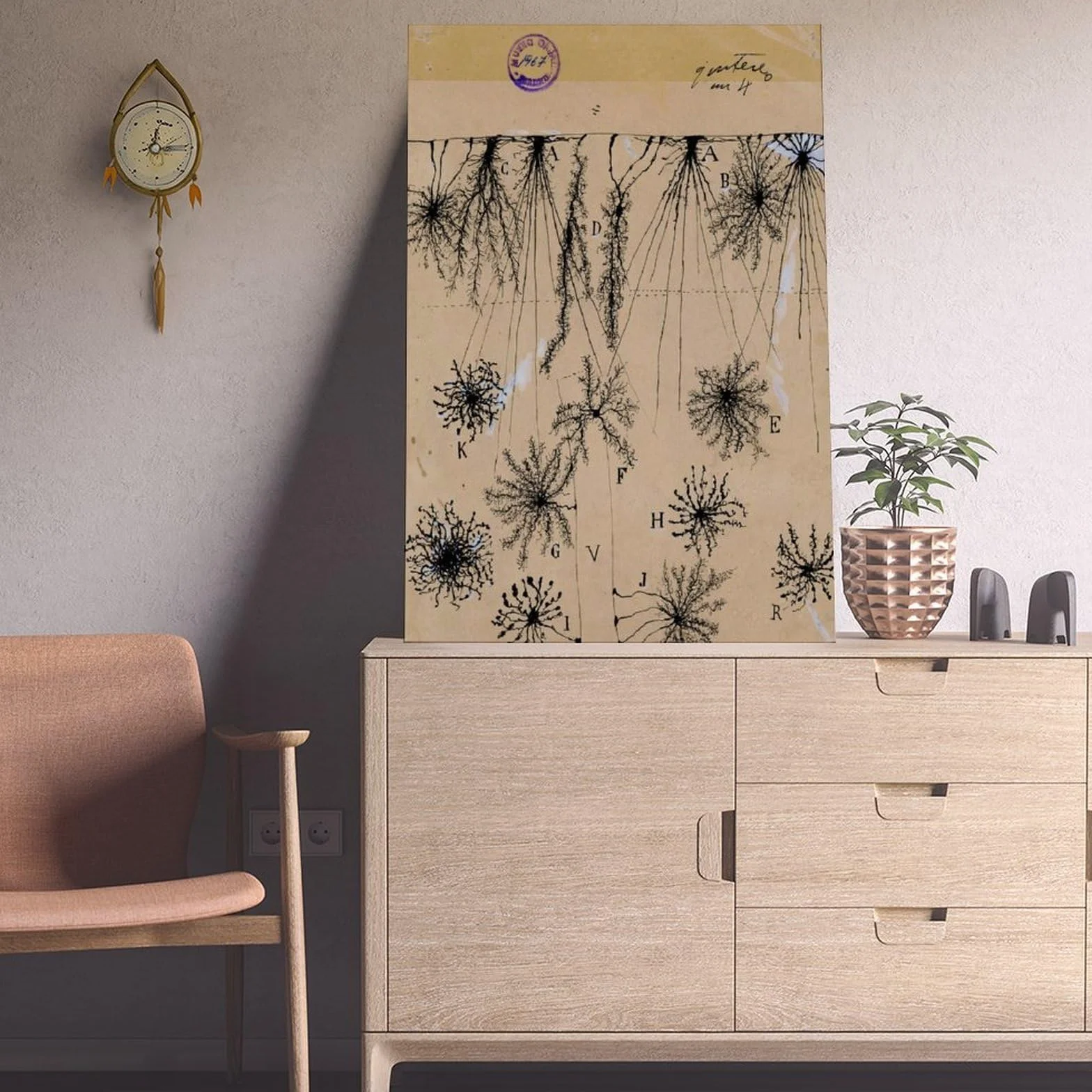 Cuadro de neuronas Cajal – Póster de anatomía cerebral antigua de células gliales para dormitorio, lienzo para decoración de pared, oficina, habitación, decoración estética, marco de regalo, 12 x 18