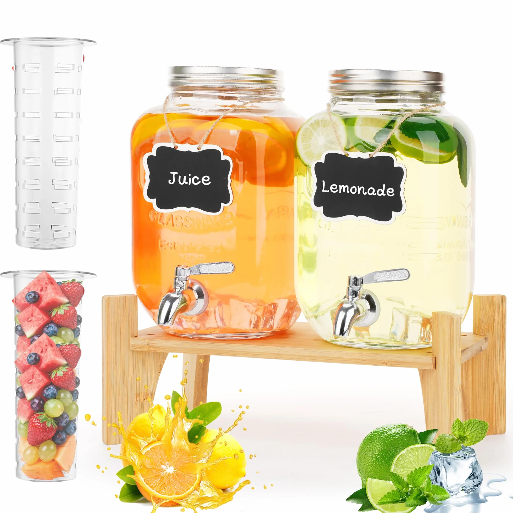 Juego de 2 dispensadores de bebidas de vidrio para fiestas, dispensadores de bebidas heladas de 1 galón con soporte, dispensador de jugo con infusor de frutas y espiga a prueba de fugas, ideal para