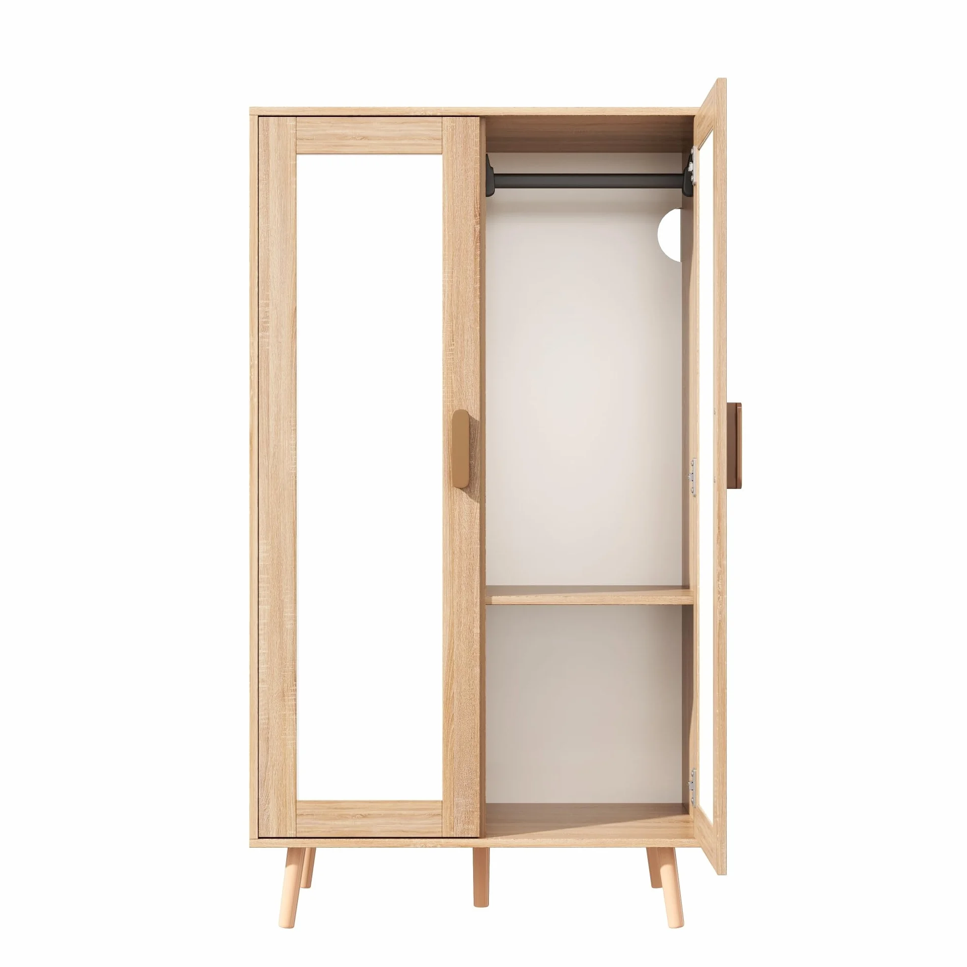 Armario infantil, juego con armario de dos puertas y abierto, para dormitorio, con barra para colgar y cajones, en color blanco y madera, 160 x 46 x 141,5 cm, Natural+Blanco