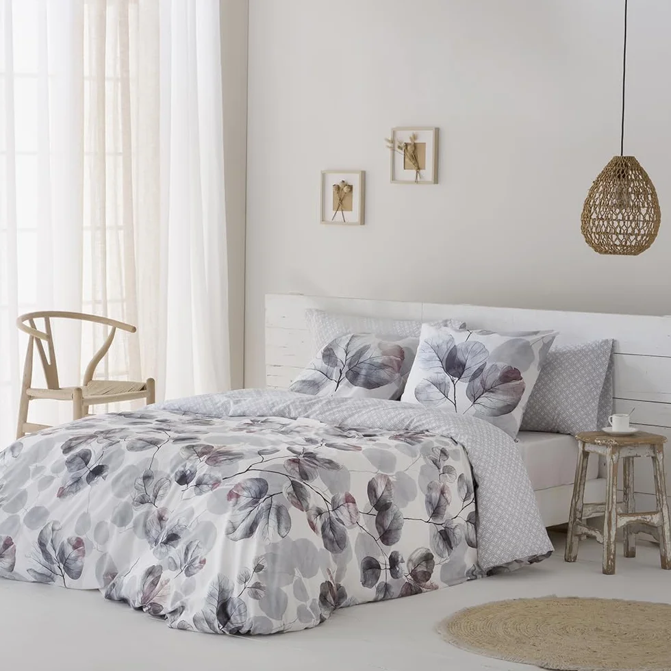COTTON ARTean Funda Nórdica Cama 135 satén algodón 200 Hilos Lorna Gris | Incluye 2 piezas: F. Edredón 220x220 + 1 F.de Almohada Cierre Botones. Certificado OEKO-TEX
