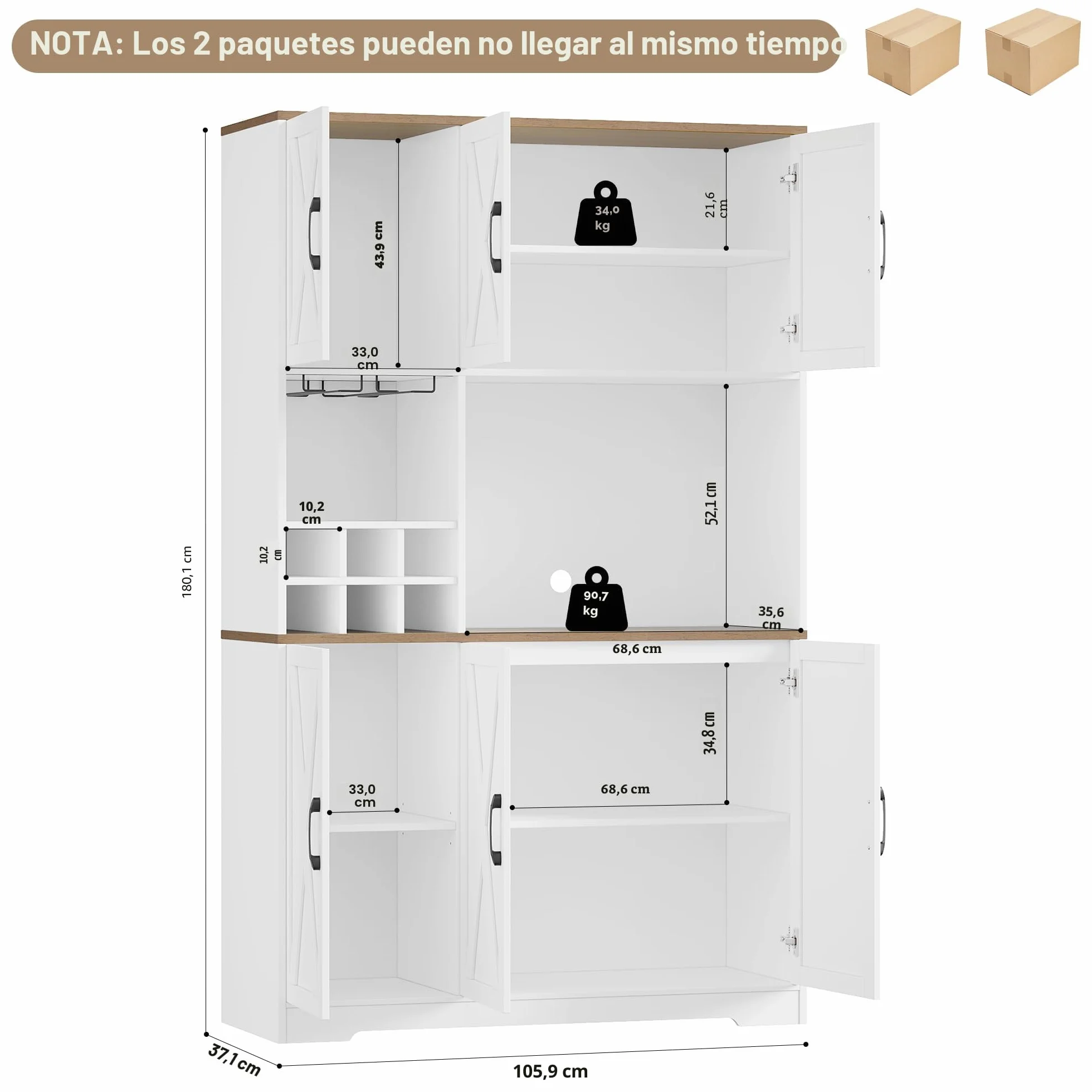 HOCSOK Alacena de Cocina，Armario con 6 Puertas, Soporte para Copas, Botellero Vino, Mueble de Cocina con Soporte para Microondas, para Comedor Y Sala De Estar, Blanco, 106x37x180 cm