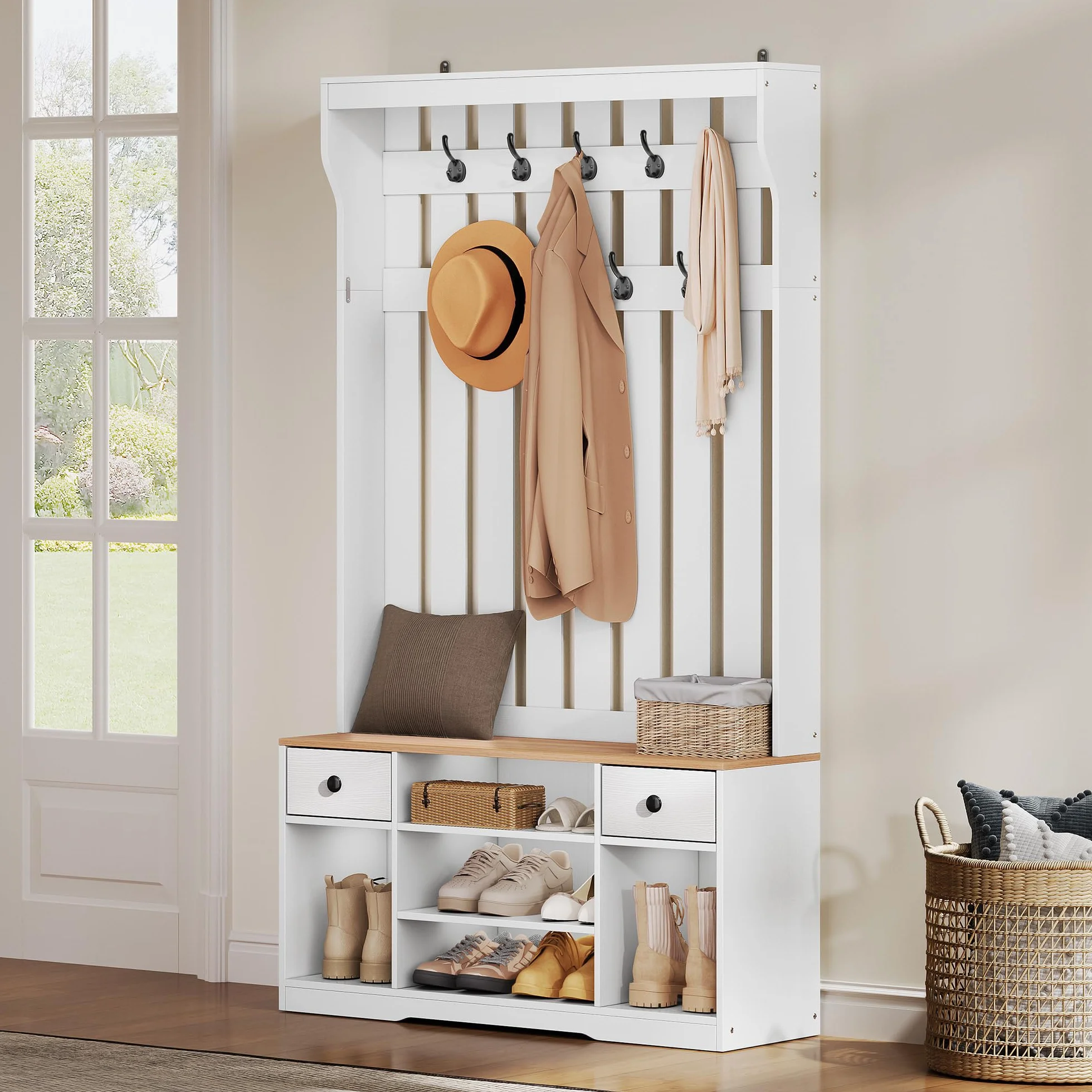 YITAHOME Perchero Entrada Recibidor con Banco, 35 x 100 x 180 cm Zapatero Entrada Recibidor, Perchero Zapatero, con 9 Ganchos y Almacenamiento, 2 Cajón de Tela, Pasillo Dormitorio Salón, Blanco/Roble