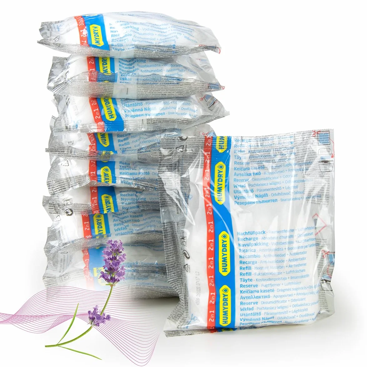 HUMYDRY -Pack 10 Recambios Antihumedad 450g – Absorbe la Humedad, Evita Olores y Manchas – Compatible con Deshumidificadores Humydry Premium 450, Smart y Premium Plus –Aroma Lavendel - Capacidad 15m2