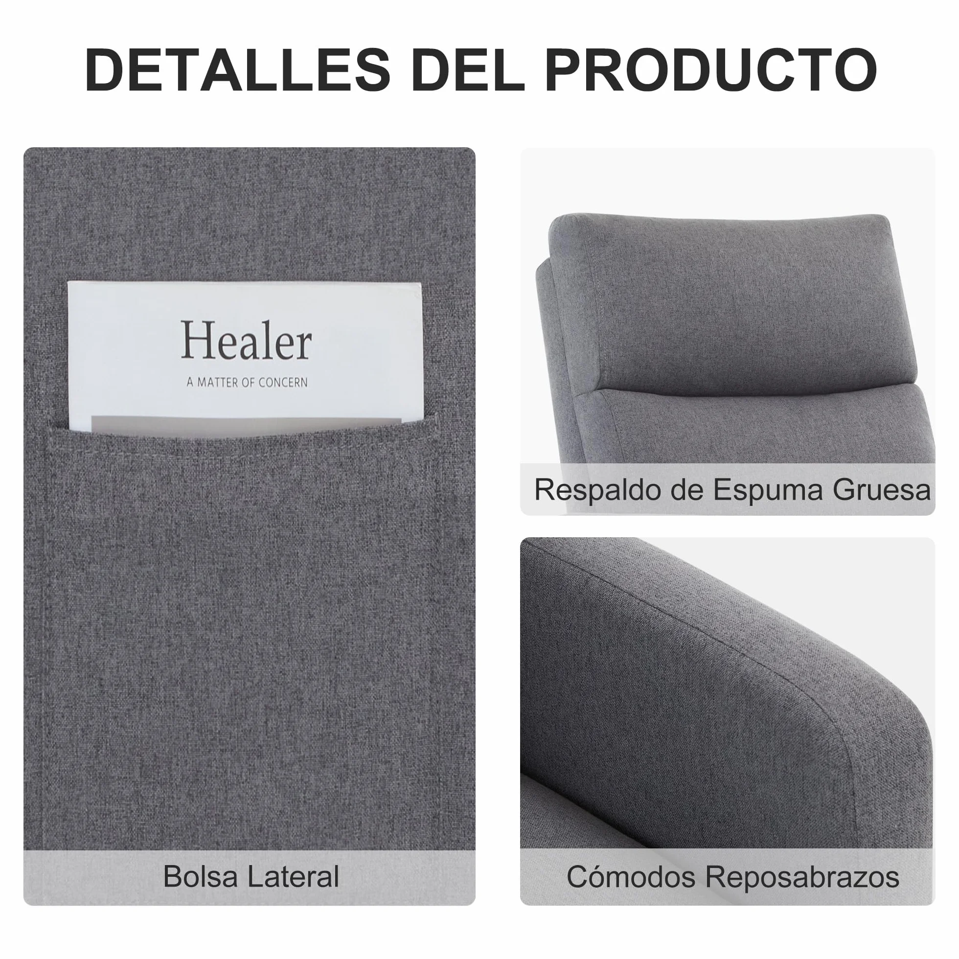 Silla Mecedora de Lactancia Lino, Respaldo Alto, Bolsillos Laterales, Patas de Madera (Gris Carbón)