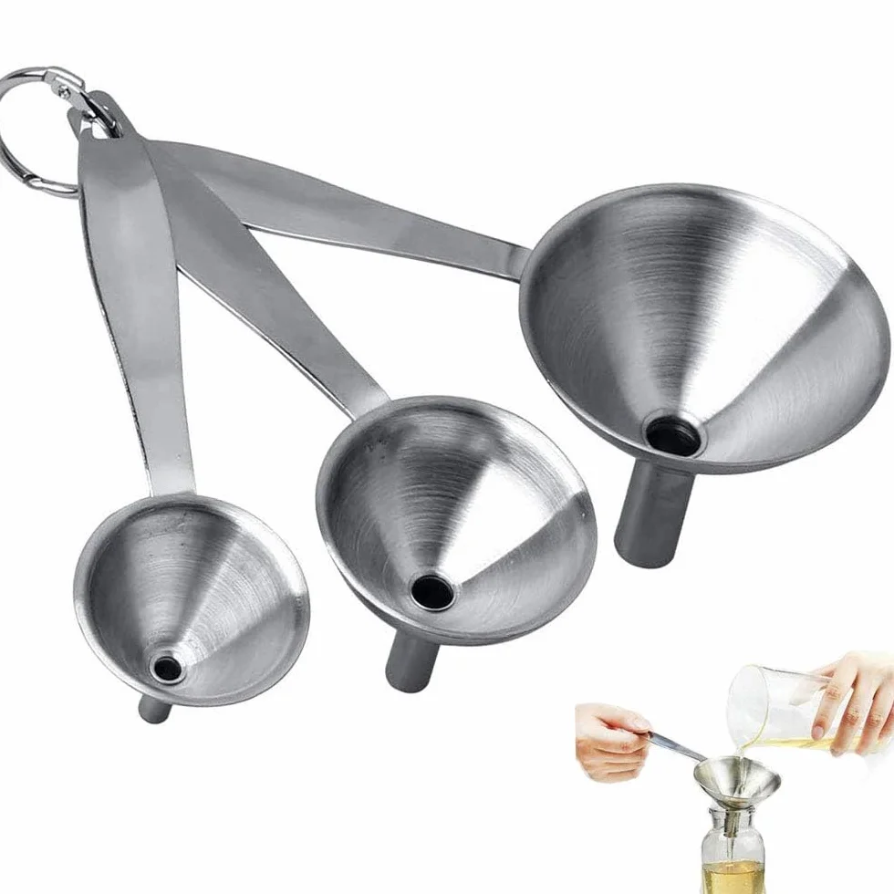 Embudos de Acero Inoxidable, 3 Piezas Embudo de Cocina con Mango Largo para Transferir Líquidos y Polvo