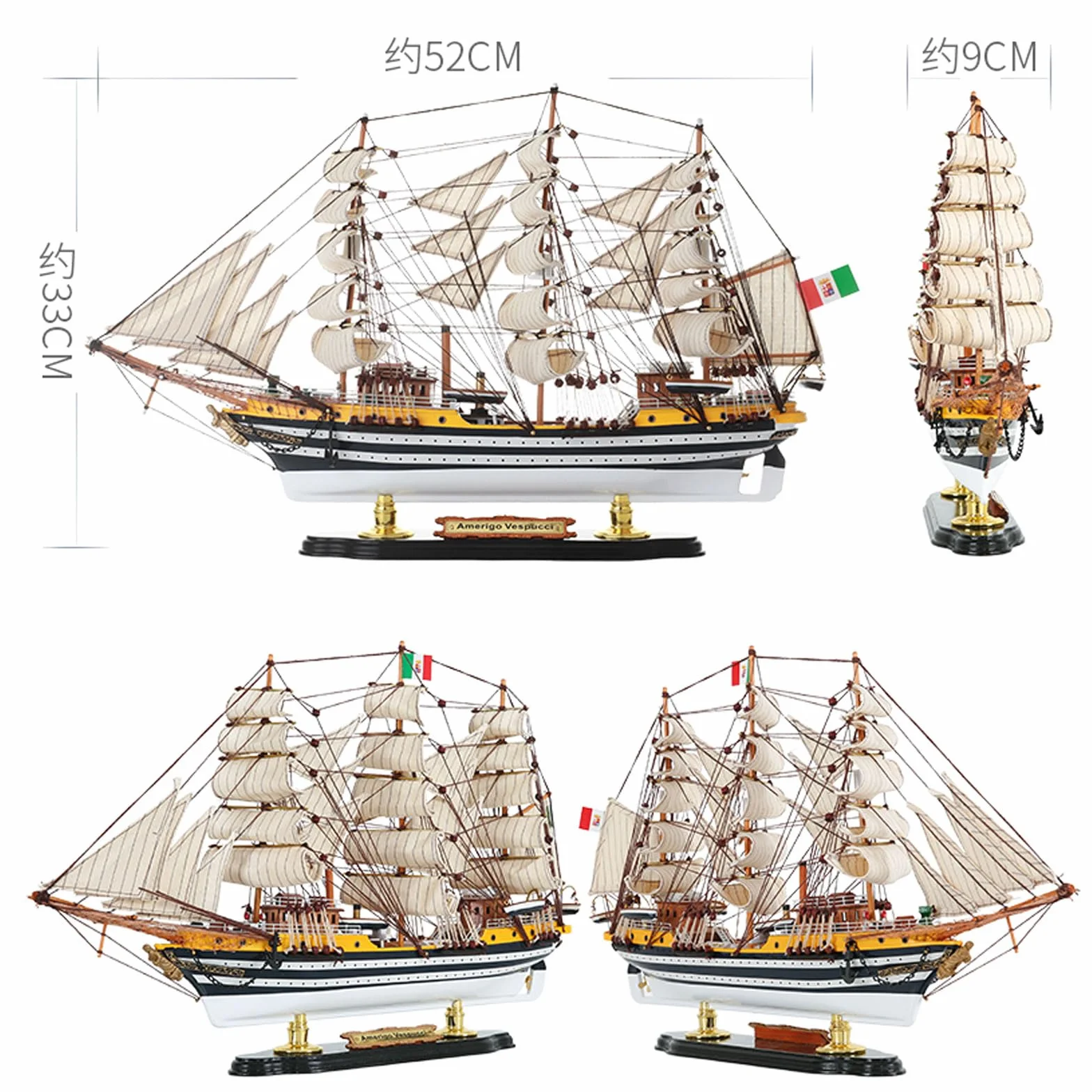 YLME Maqueta de barco de madera Amerigo Vespucci Maqueta de velero de madera maciza Velero de madera Adornos náuticos de madera Colección para el hogar Para regalar,52CM