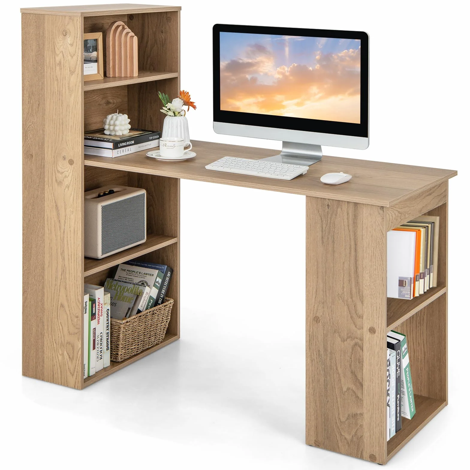 COSTWAY Escritorio con Estanteria, Mesa Escritorio 120 cm, 6 Estantes de Almacenamiento, Mesa Ordenador Reversible Oficina/Dormitorio (Natural)