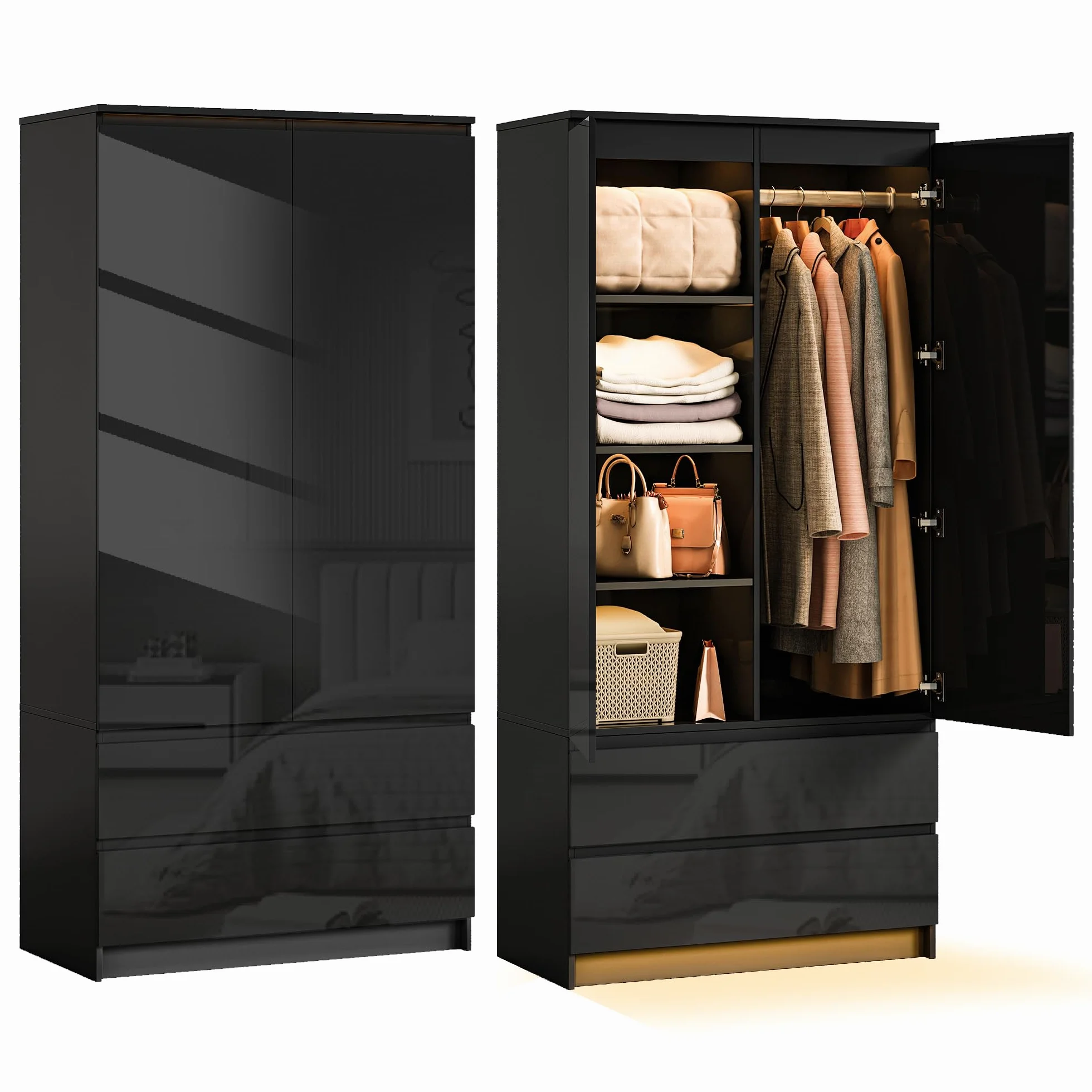 Armario Ropero 2 Puerta, Armario Multiusos Avec luz led con Sensor de Movimiento, Avec 2 Tiroirs, Organizador de Ropa y Almacenaje para el Dormitorio (Negro)