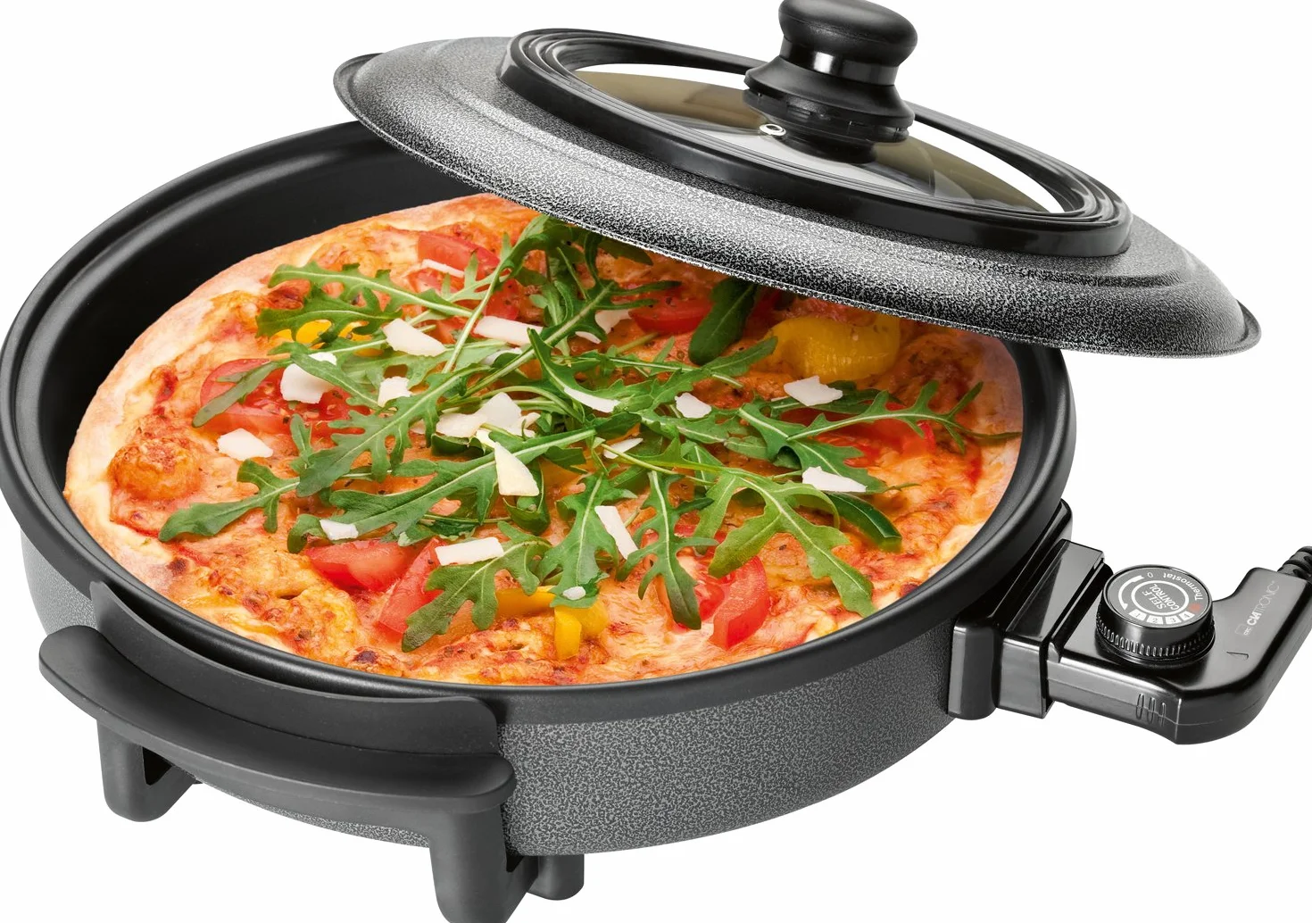 Clatronic PP 3402 - Sartén eléctrica especial para pizza, tapa de cristal, diámetro 36 cm, 1500 W, color negro