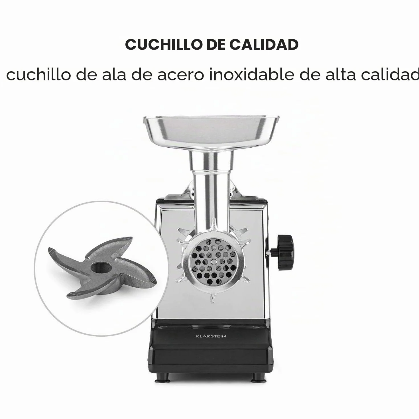 Klarstein Kraftprotz Picadora - Picadora de carne eléctrica, 700 W de potencia, 2 velocidades, Marcha atrás, Cuchilla de acero inoxidable, Gran bandeja de aluminio, Set de accesorios, Negro
