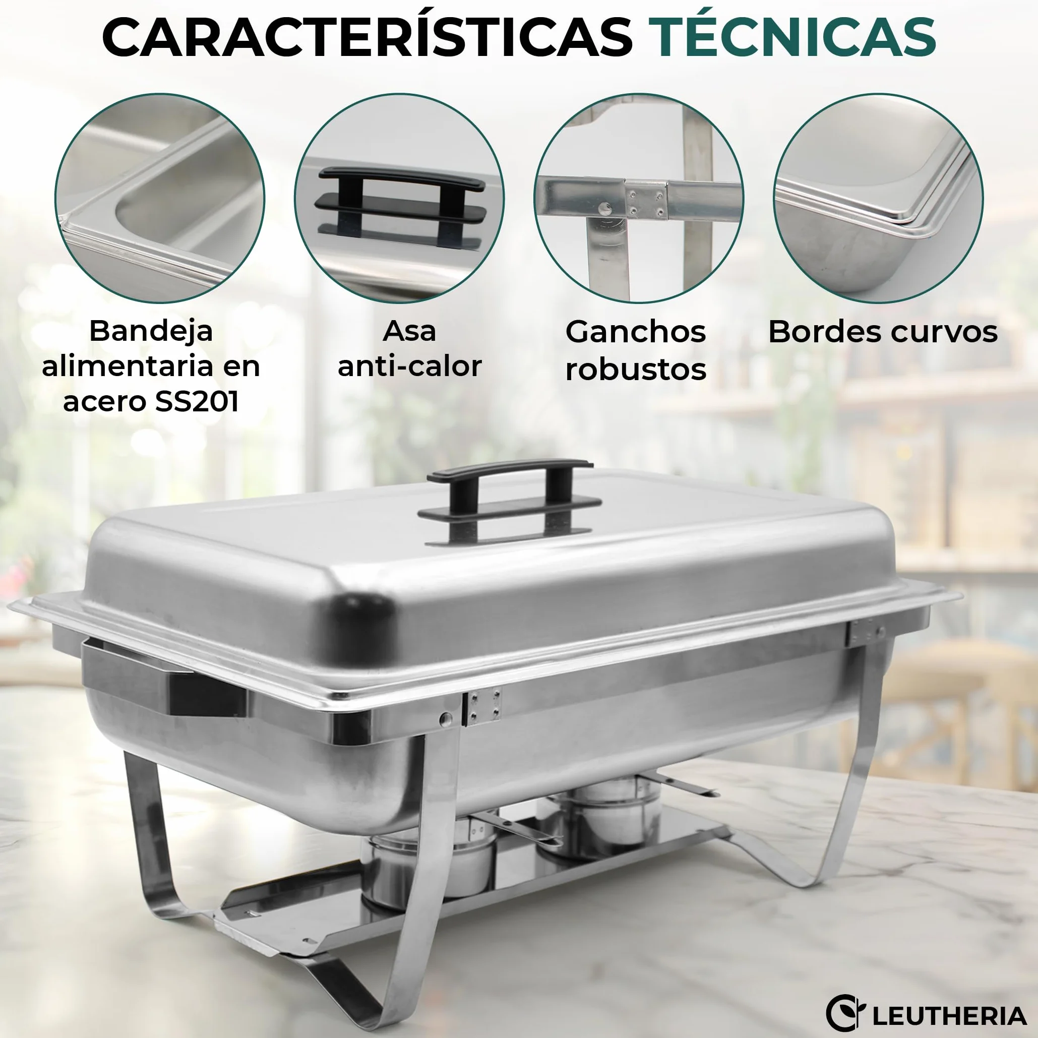Pack de 4 Calentadores de Platos LEUTHERIA - Chafing Dish Profesional/Acero Inoxidable alimentario para Buffet/baño maría Profesional/Mantenimiento en Caliente/Catering/Hotel/Restaurante
