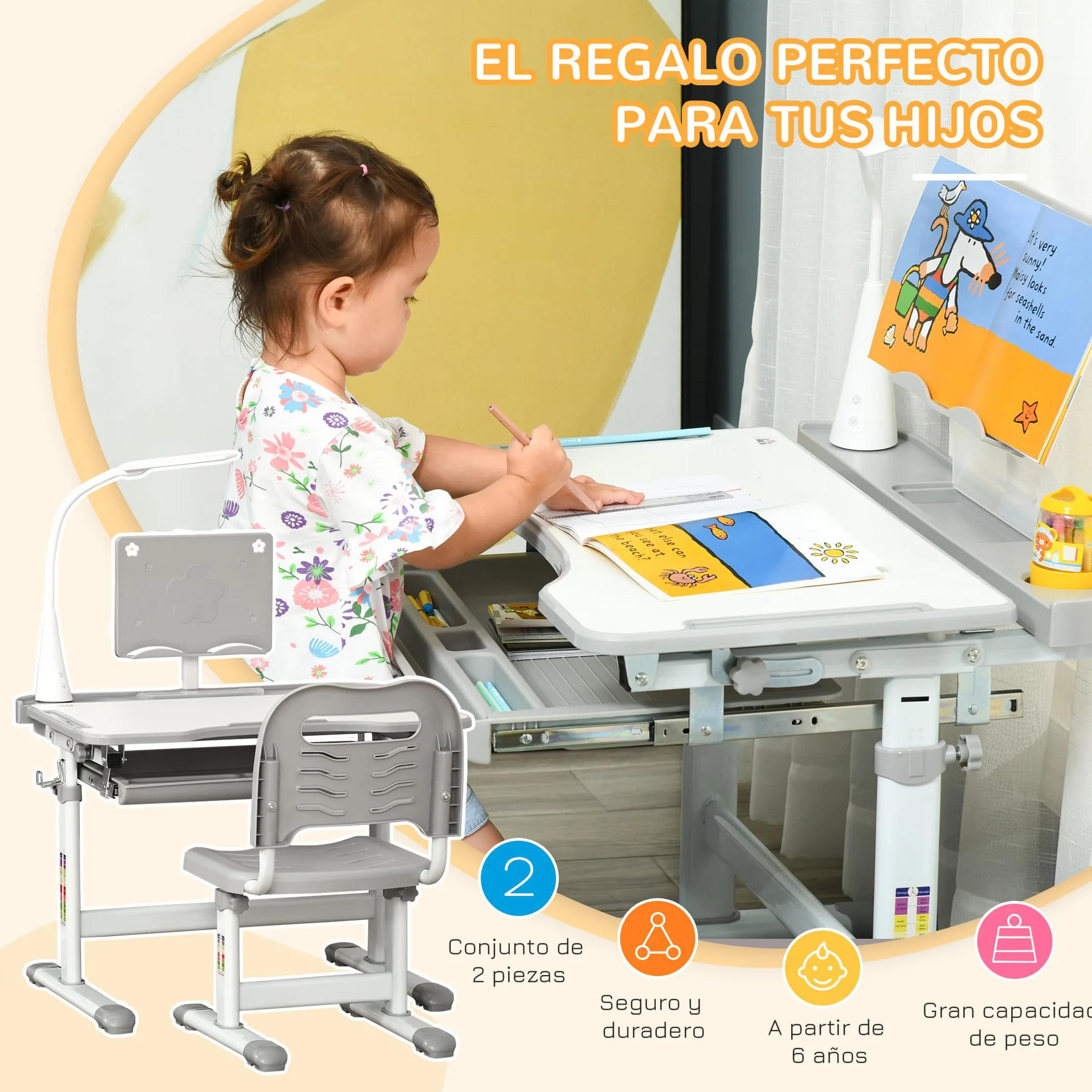 HOMCOM Juego de Escritorio y Silla para Niños +6 Años Pupitre Infantil Altura Ajustable Mesa Inclinable Gris