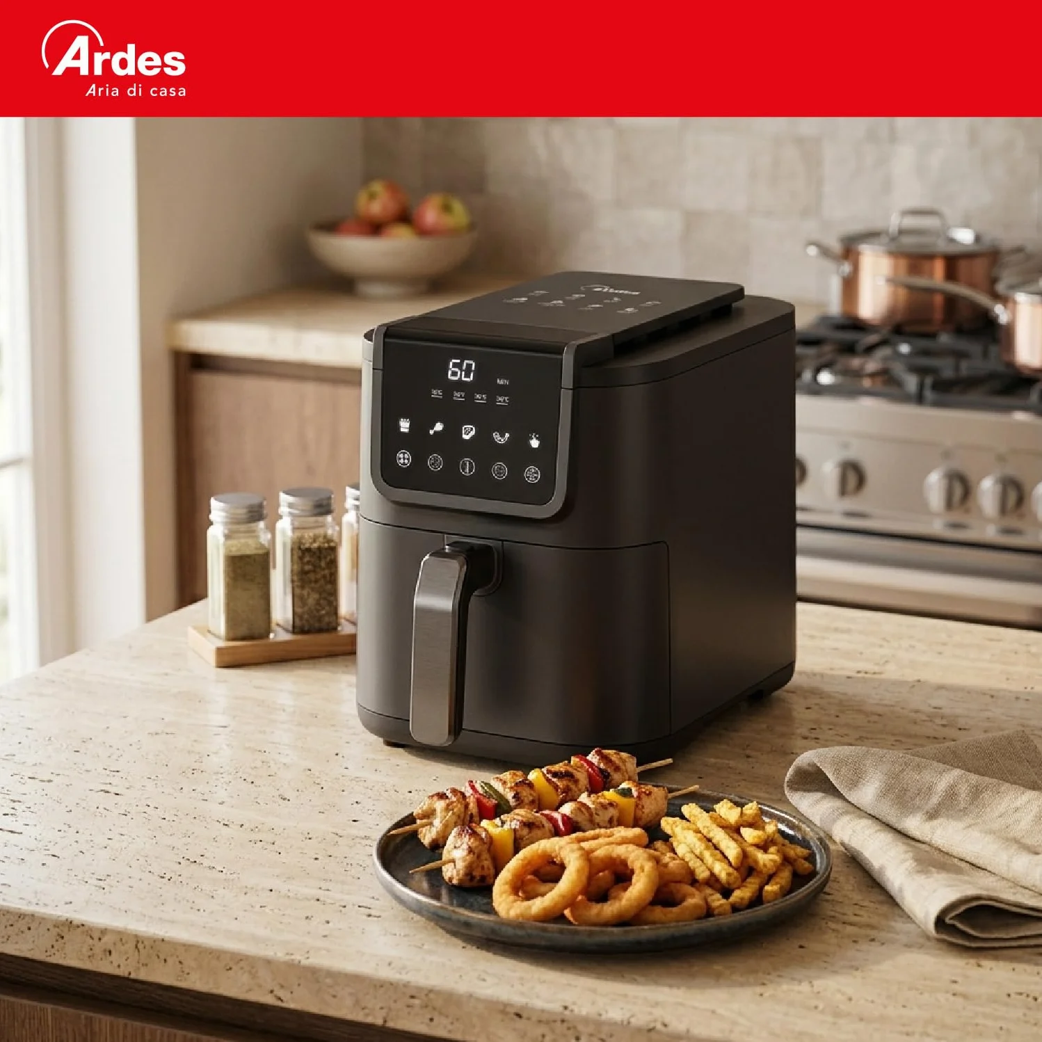 Ardes FRIGGISANA INFINITY 5L Freidora de Aire Slim XL 5L con Pantalla Digital Táctil, Temporizador 60’, 5 Programas y Cavidad Súper Profunda Antiadherente