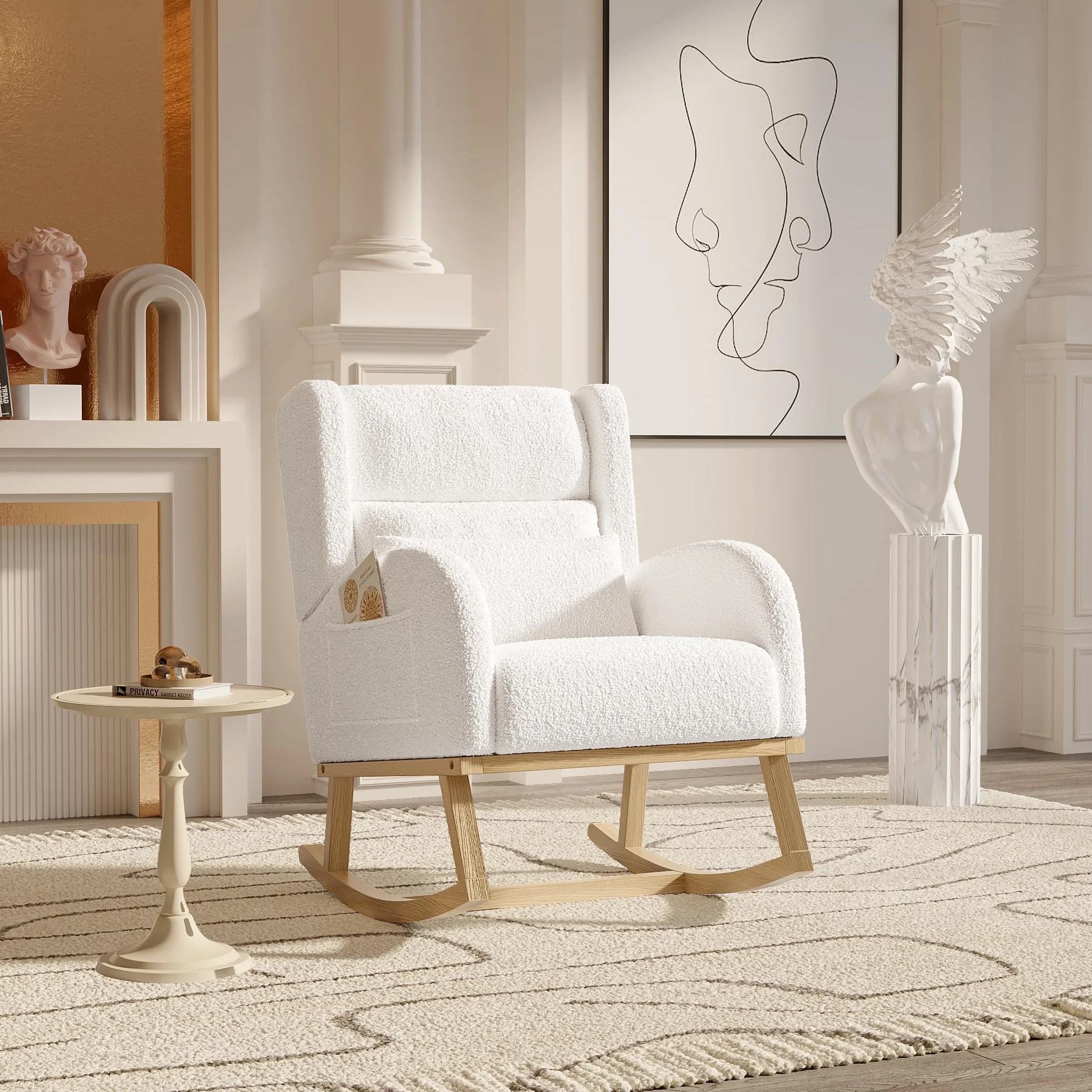 Sillón de lactancia con cojín, Silla mecedora con bolsillos, Mecedora interior exterior, Silla de lactancia para habitación del bebé, Silla mecedora para habitación, Balcón (Blanco-3, 65x92x89