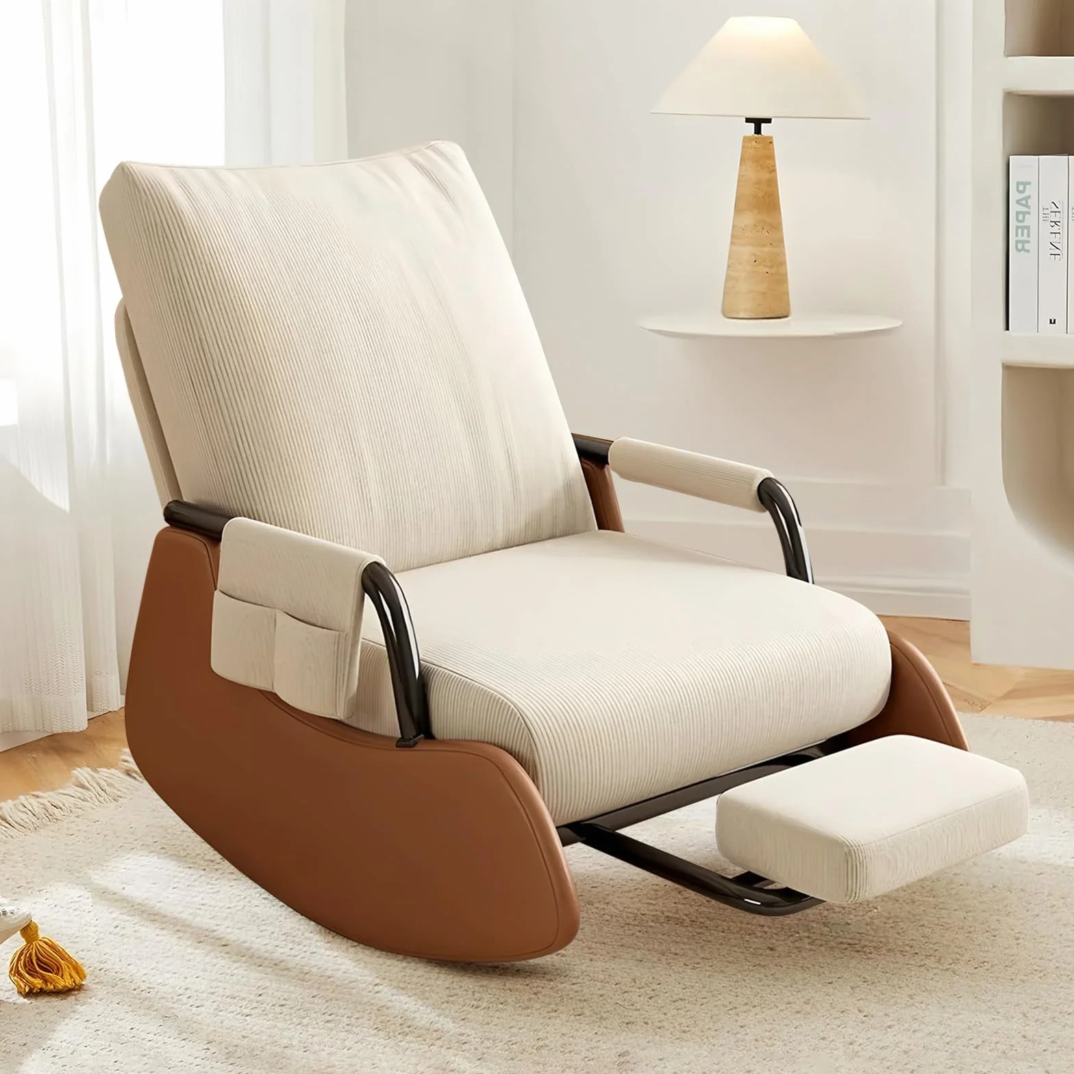 Silla Mecedora Acolchada para habitación de bebé con Bolsillos Laterales y Respaldo Alto Ajustable, Silla de Acento de Cuerda Peluda con reposapiés Adecuada para Dormitorio y Sala de Estar