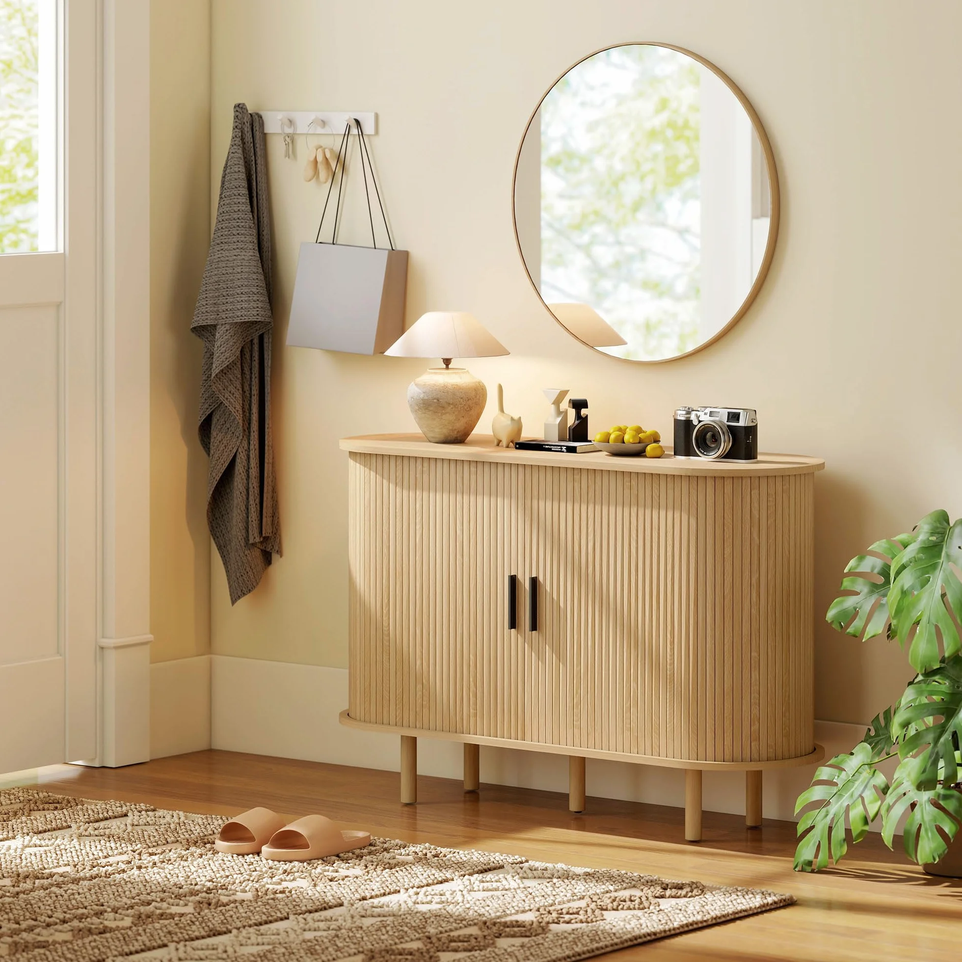 HOMCOM Aparador con Puertas Tambour Deslizantes, 4 Compartimentos, Patas de Madera, Roble, 120x40x78 cm