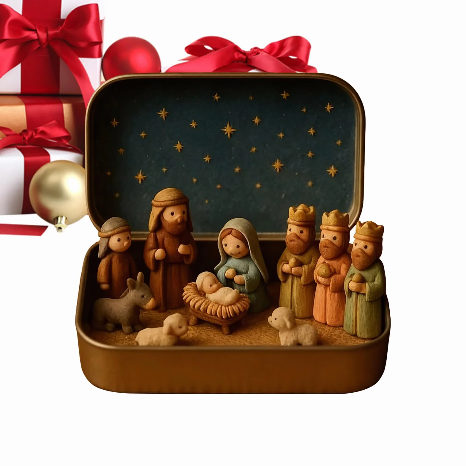 Belen Navideño Decorativo 13x2,5x8cm Figura Nacimiento Navidad Pequeño Belen Caja Lata Decoración