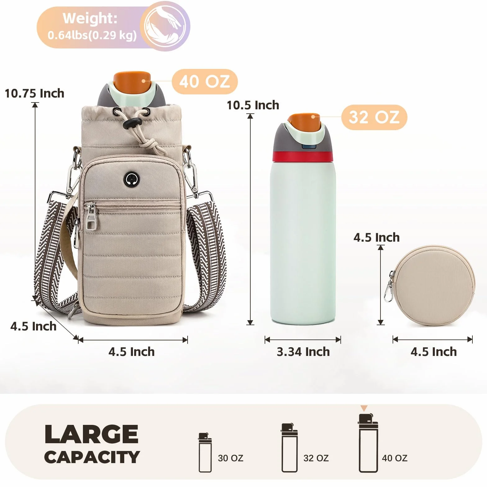 Bolsa de transporte para botellas de agua con correa, 32 onzas, 40 onzas, bolsa aislada para botella de agua con bolsillo para teléfono para caminar, senderismo, ciclismo