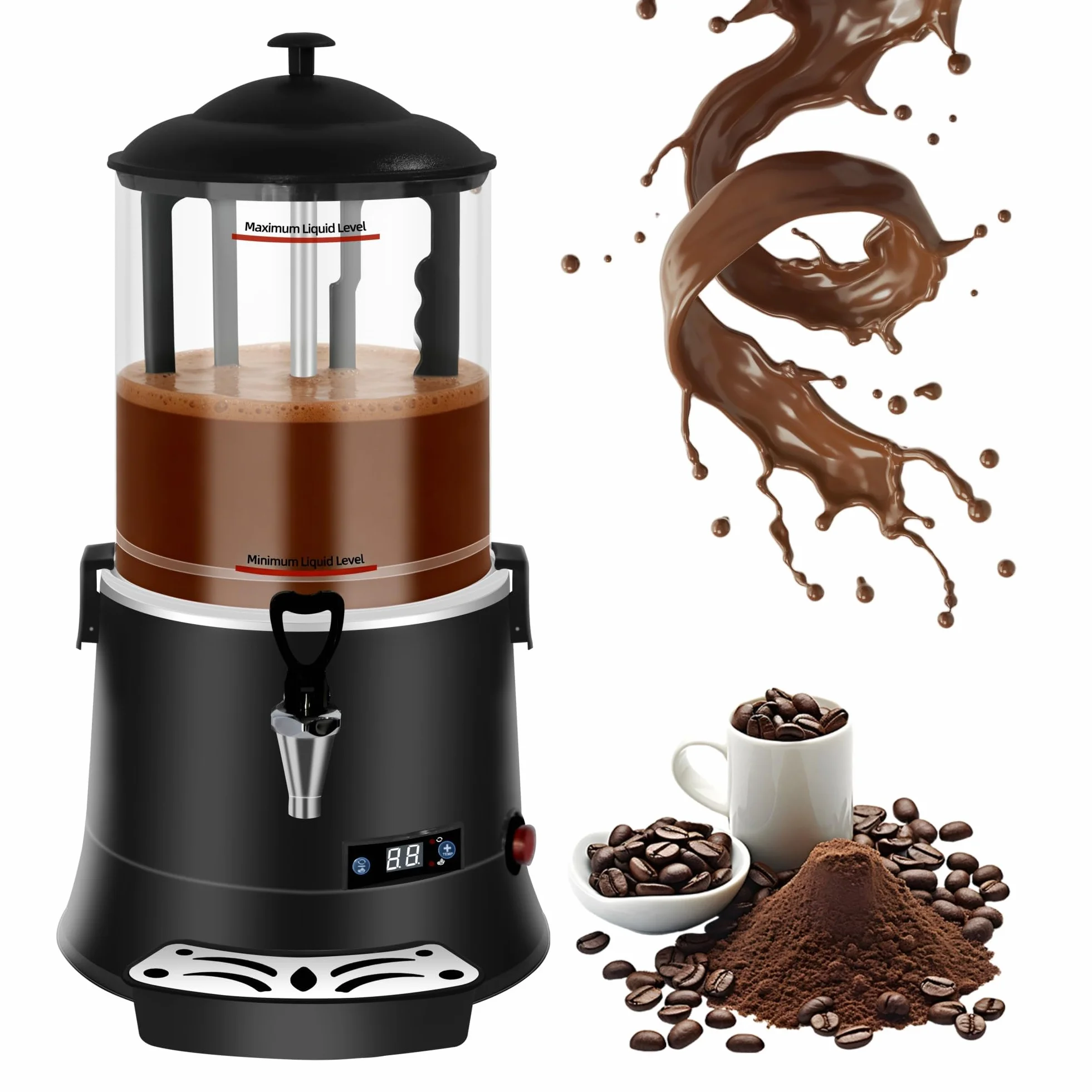Máquina de Chocolate Caliente Comercial 10L/2,64Gal, con Calentador de Bebidas Calientes de Control de Temperatura Inteligente, Rango de Temperatura 86°F-194°F-Negro