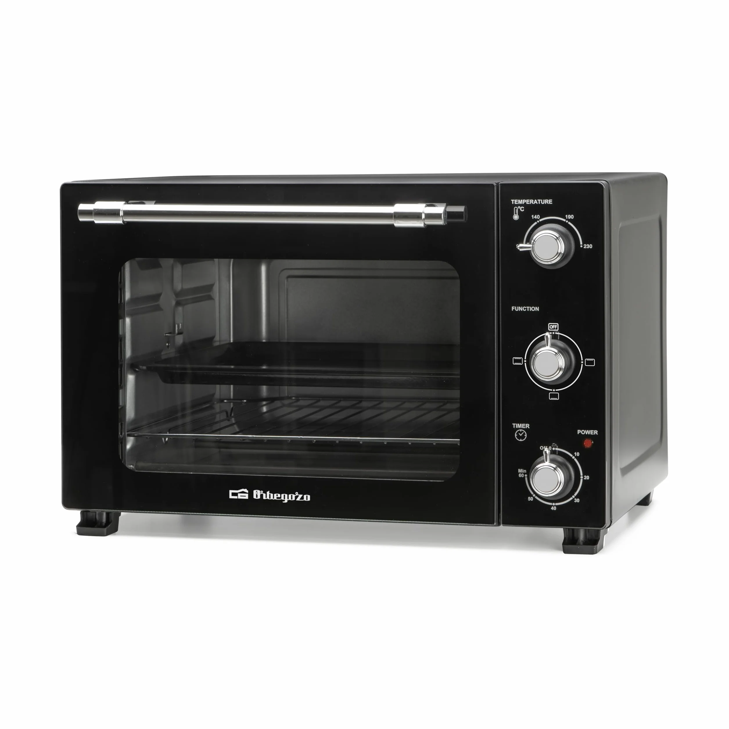 Orbegozo HO 393 Horno Eléctrico de Sobremesa 1800W Capacidad 39L Temperatura Regulable Luz Interior Temporizador 60 min Doble Cristal Resistencias Acero Inoxidable Bandeja y Parrilla