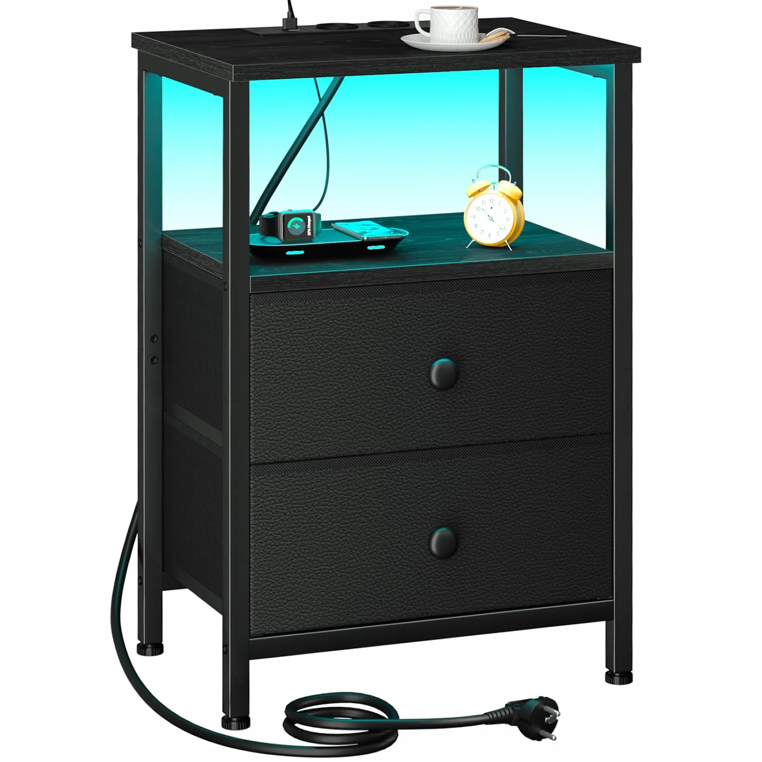AMHANCIBLE Mesita de Noche, Mesitas de Noche con Estación de Carga, Mesa Auxiliar con 2 Cajones de Tela, 2 Tomas AC, 2 Puertos USB, Dormitorio, Salón, Estudio, Negro, EHETS02BK-1