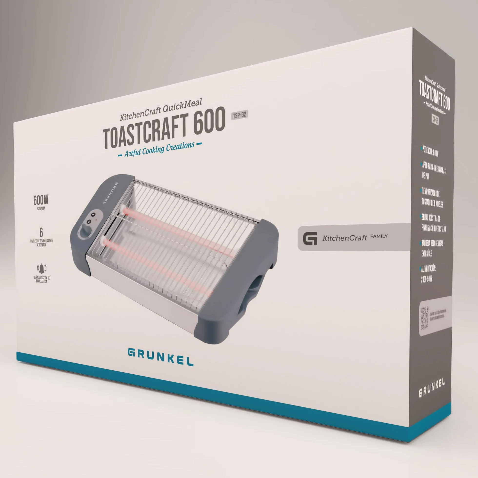Grunkel Tostadora de pan plana 4 rebanadas 600W 6 niveles temporizador señal acústica bandeja recogemigas extraíble