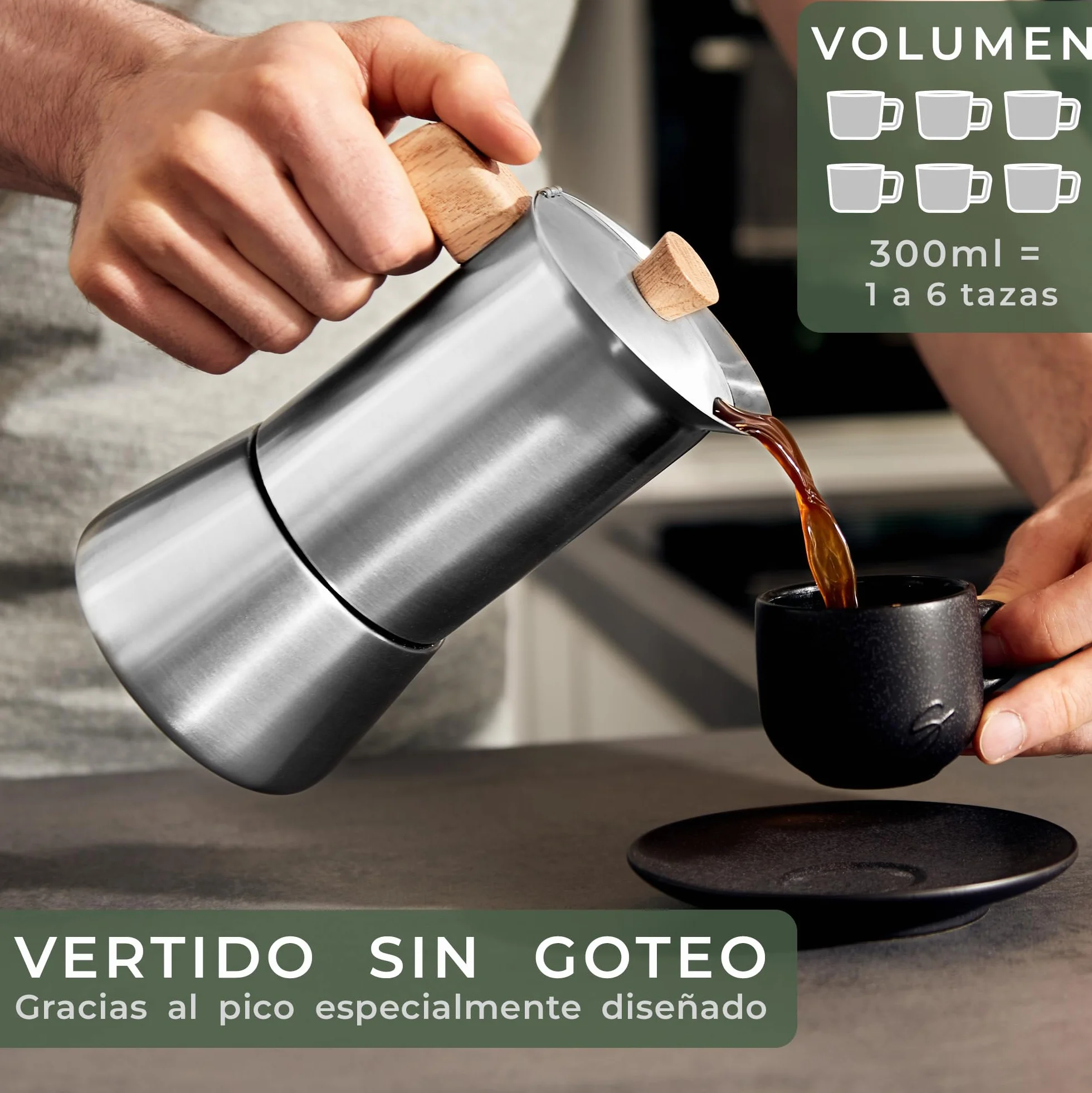 WALDWERK Cafetera italiana induccion (300 ml) – Cafetera italiana acero inoxidable todo tipo de cocinas – Cafetera induccion con mango de auténtica madera de roble