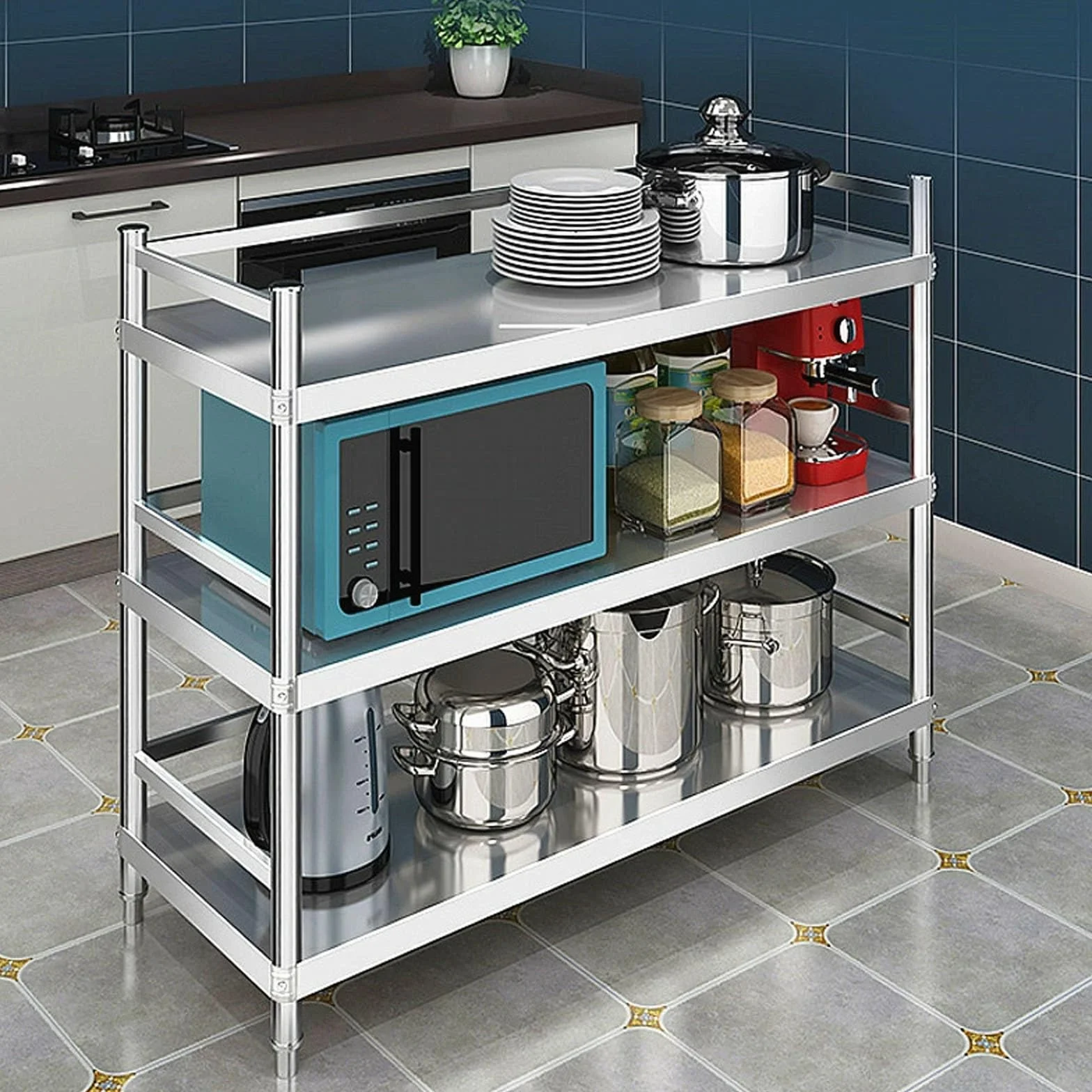 EstanteríA de Cocina EstanteríA para Microondas Muebles Auxiliar de Cocina de Niveles Estante Abierto de Pie con Valla y Almohadilla para Pies Ajustable Acero Inoxidable Plata(110 * 35 * 95)