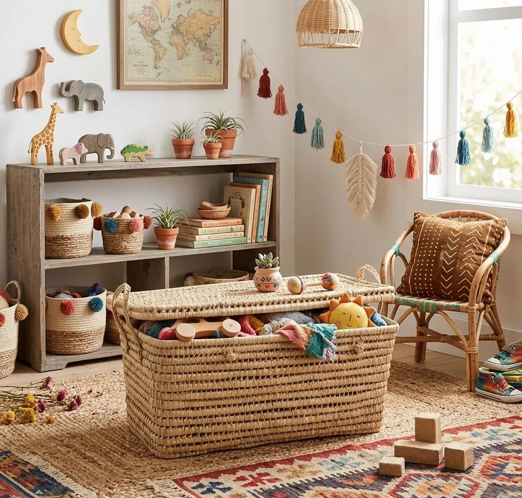 Baúl de Almacenaje de Mimbre, Cesta Grande para Juguetes, Estilo Boho Chic, Decoración para Hogar (80cm)