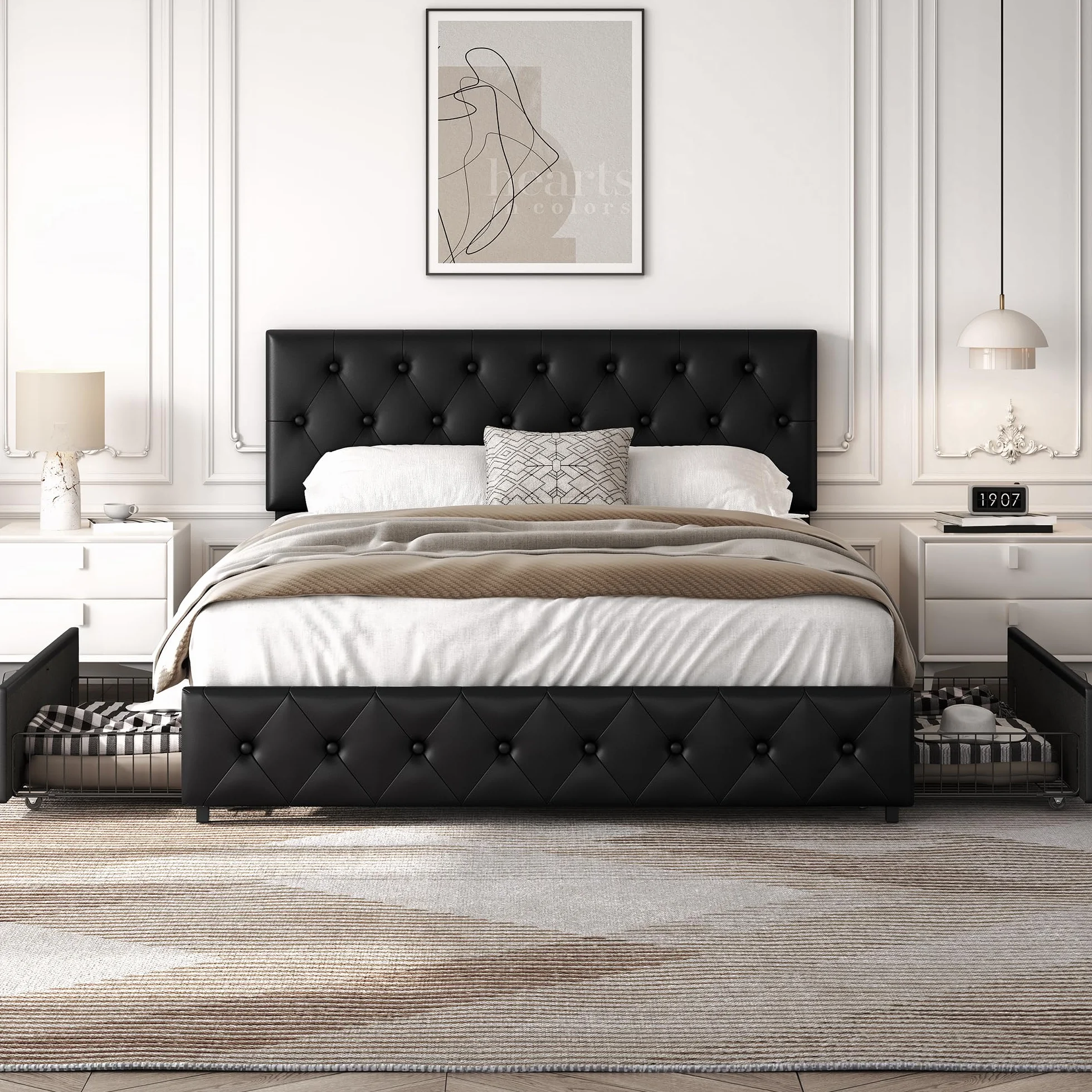 Yaheetech Cama Tapizado con Cabecero Ajustable en Altura 2 Cajones con Ruedas Espacio de Almacenamiento Cama Doble Matrimonial 160 x 200 cm Negro