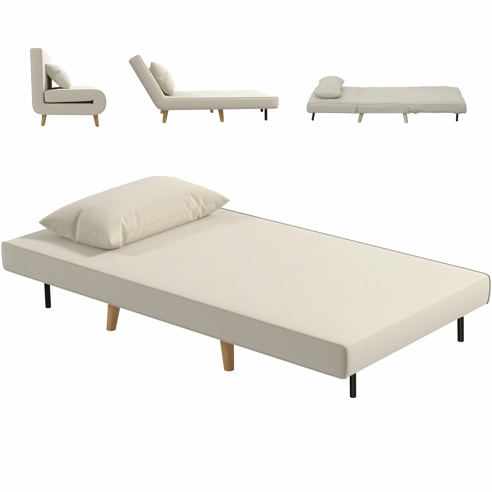 HOMCOM Sofá Cama Individual 3 en 1 94x78x80 cm Sillón Cama con Respaldo Ajustable en 6 Posiciones Almohada Acolchada Carga 350 kg para Oficina Dormitorio Salón Beige