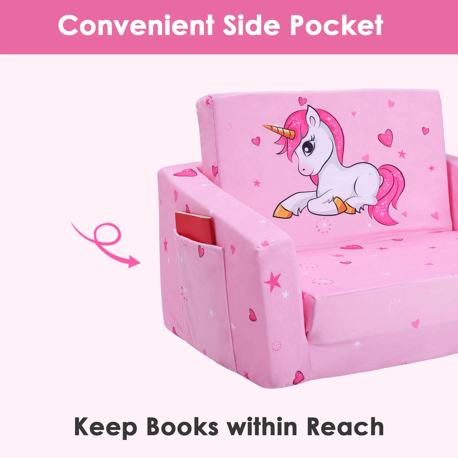 decalsweet Sofás Plegables para niños Sillón con Respaldo 2 en 1, Sillón Infantil Cómoda Estable Ligero con Bolsillo de Tela, Sofá Cama Asiento para Bebé para Dormitorio Sala de Juegos, Unicornio