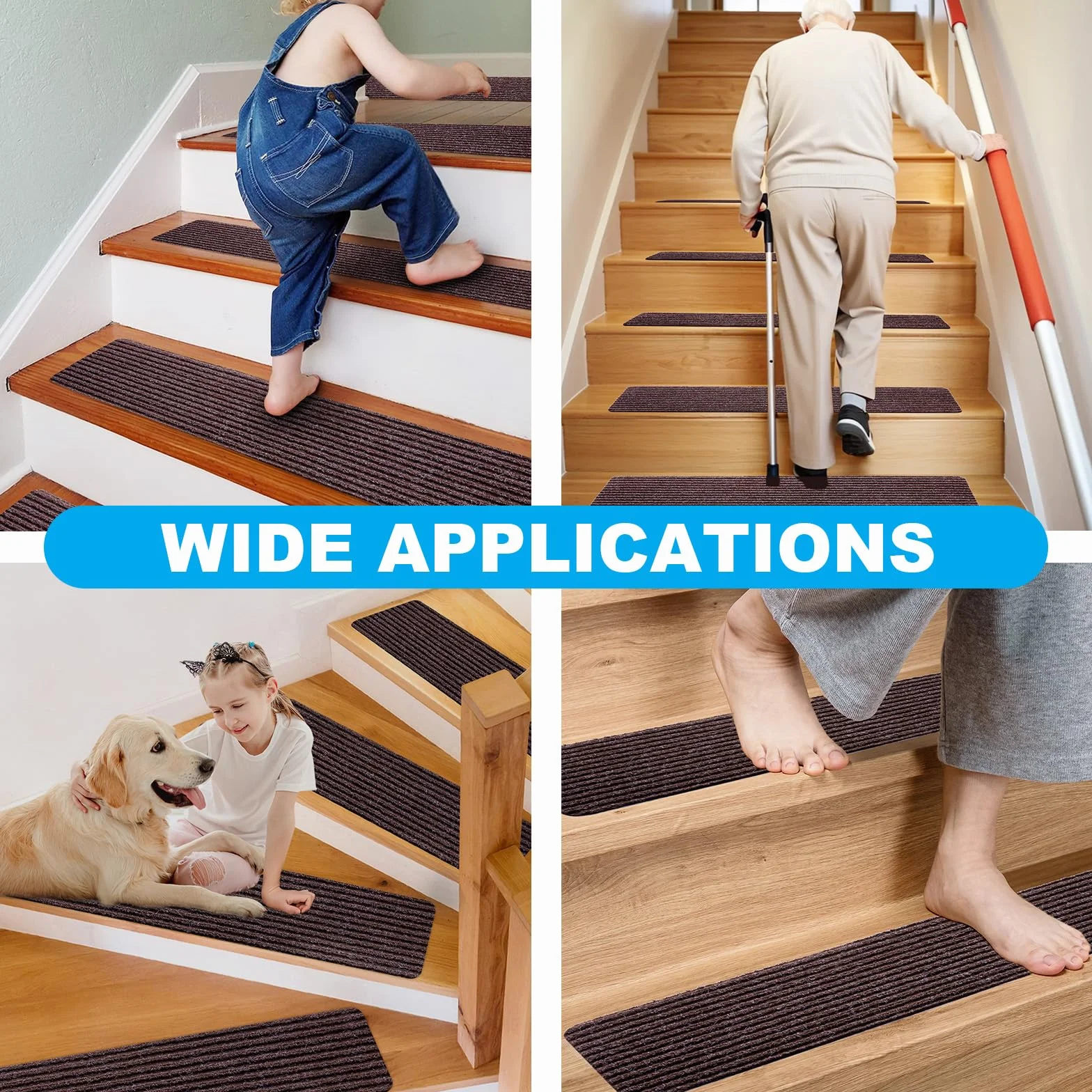 Spurtar Alfombras Antideslizantes Peldaños de Escalera, 76 cm x 20 cm, Juego de 15 Unidades, Autoadhesivas, para Escalones Interiores, para Diferentes Tipos de Escaleras, Escalones, Alfombras, Marrón