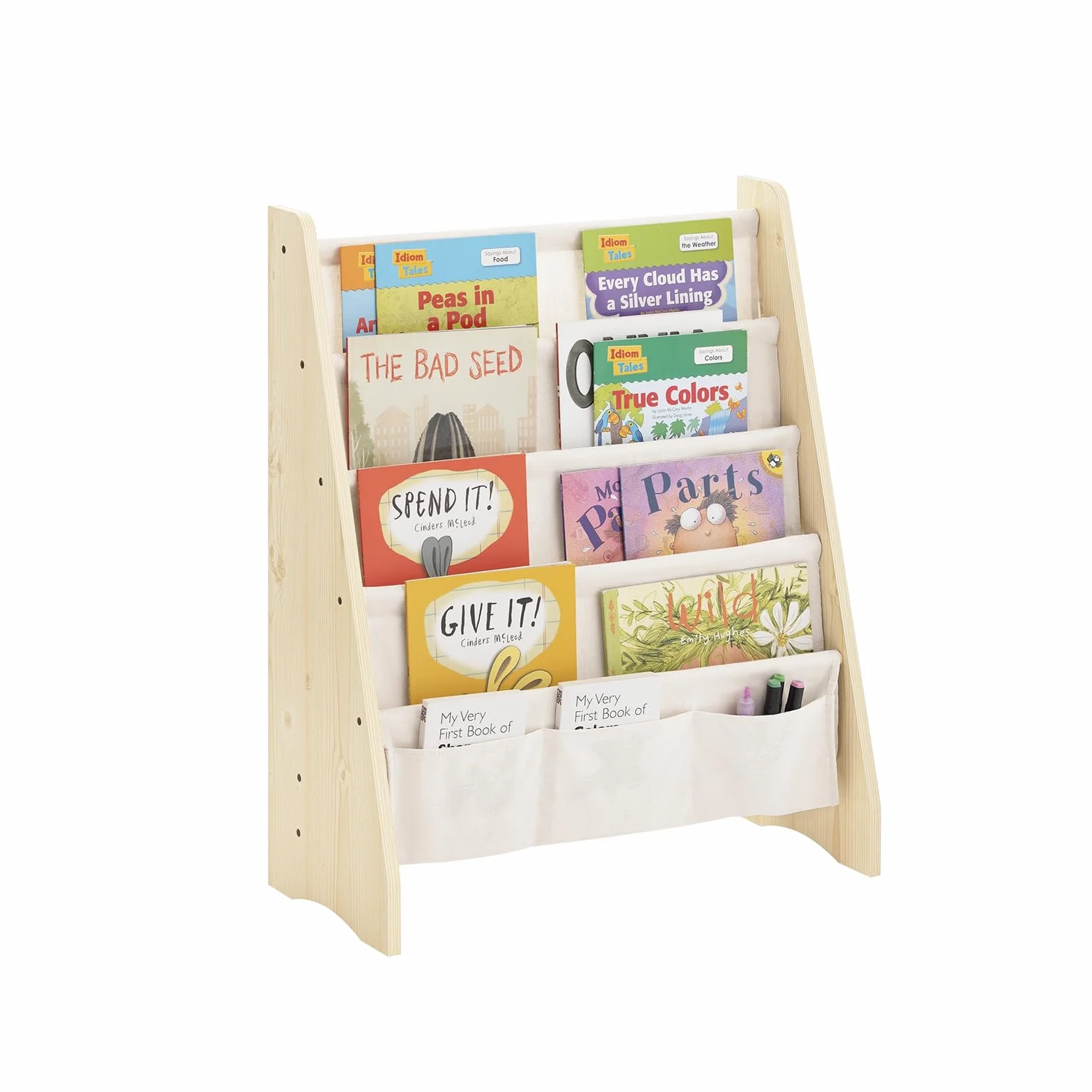 SoBuy Estantería Libros Infantil Montessori 4 Estantes 3 Bolsillos Tela Biblioteca Almacenaje 63x28x76cm