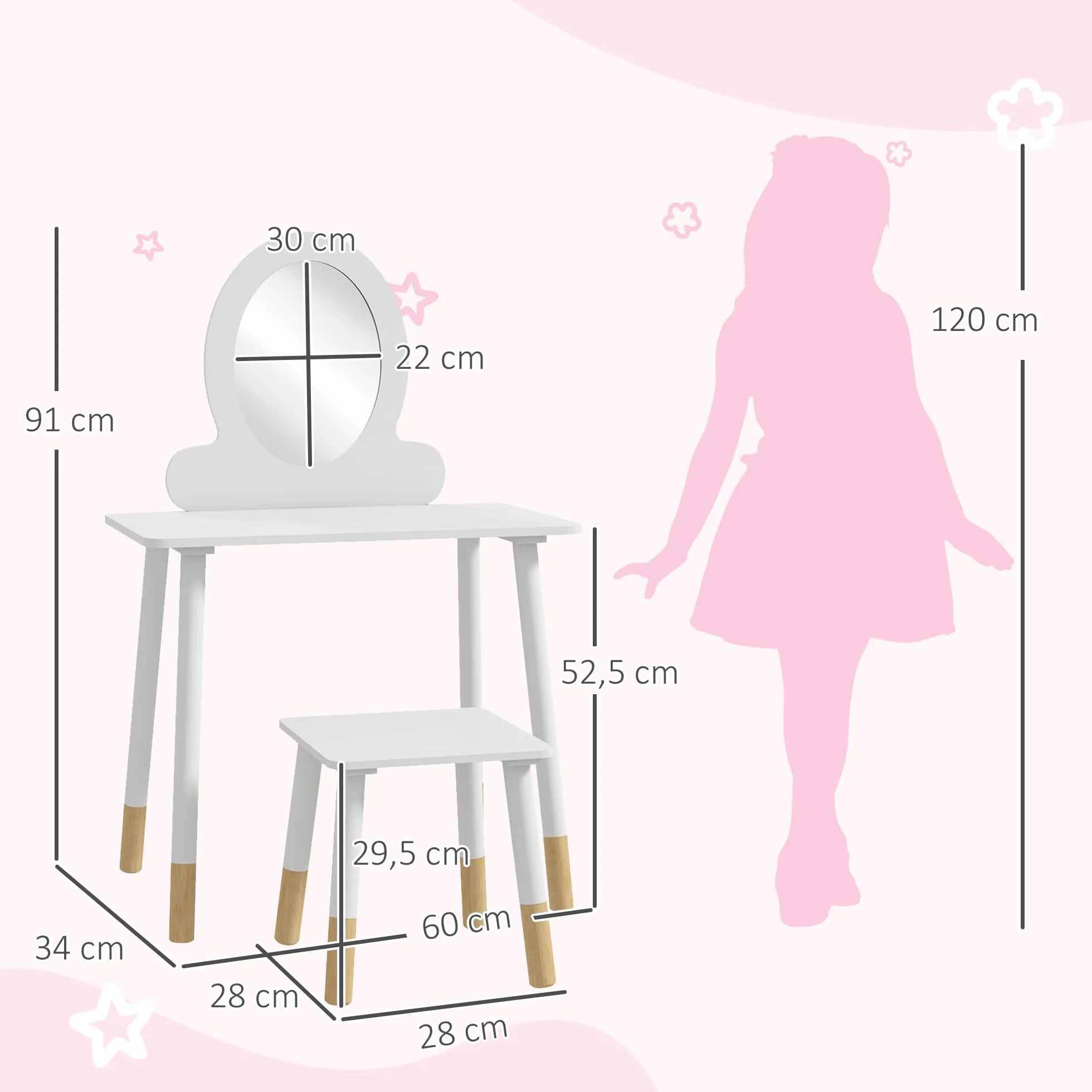 AIYAPLAY Tocador para Niñas con Taburete y Espejo Blanco +3 Años