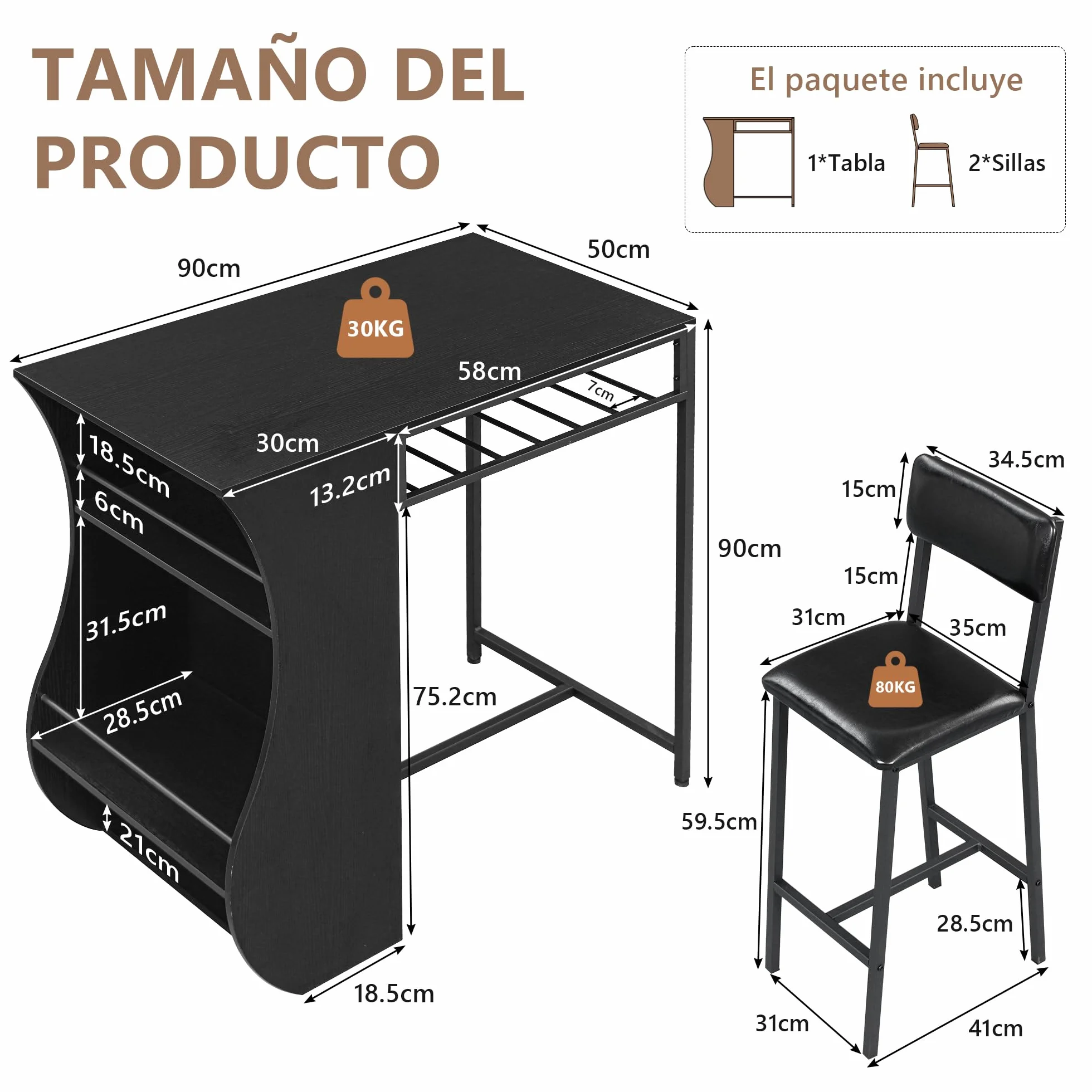 FEONASE Juego de mesa de bar y taburetes de 3 piezas con estante para vino, marco de acero