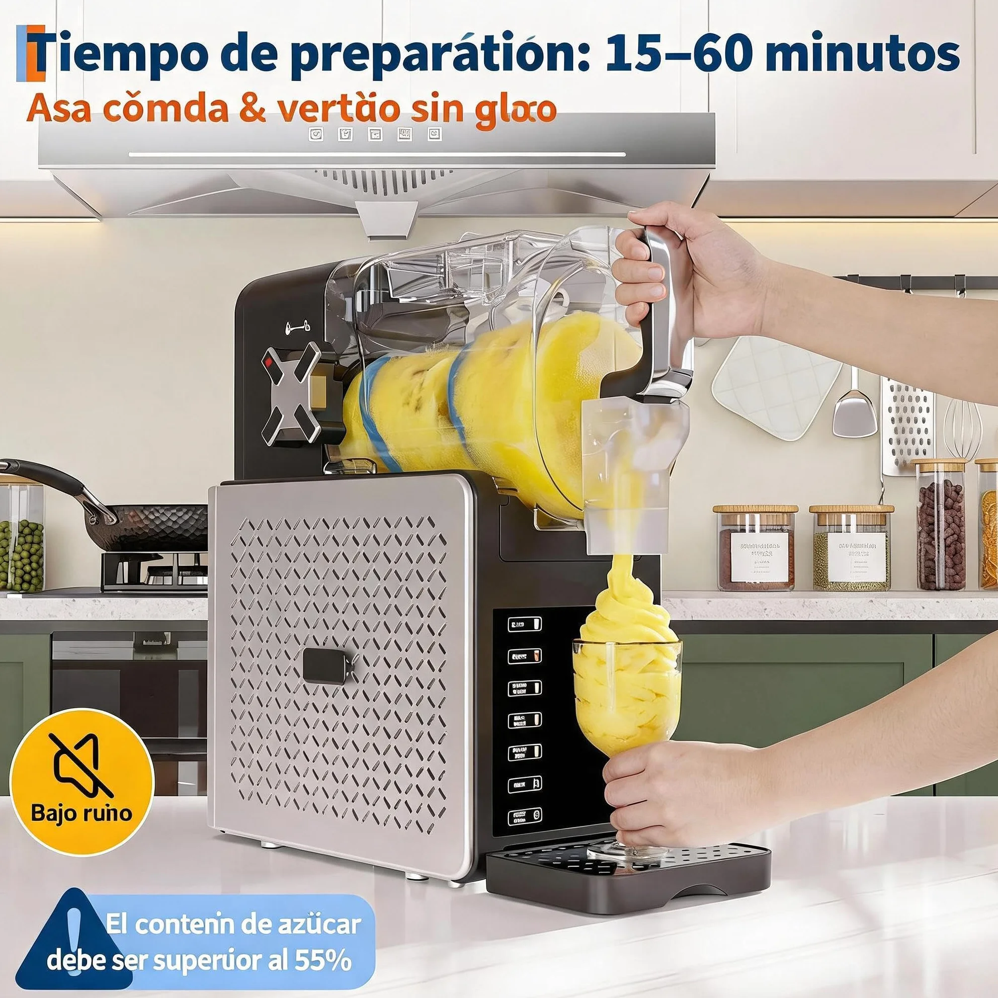 Máquina de granizados 1,9L - 5 programas automáticos - Pantalla LED - 200W, 120V/60Hz - Autolimpieza y bandeja de goteo 400ml - Funcionamiento silencioso (<45dB) - Mantiene bebidas frías hasta