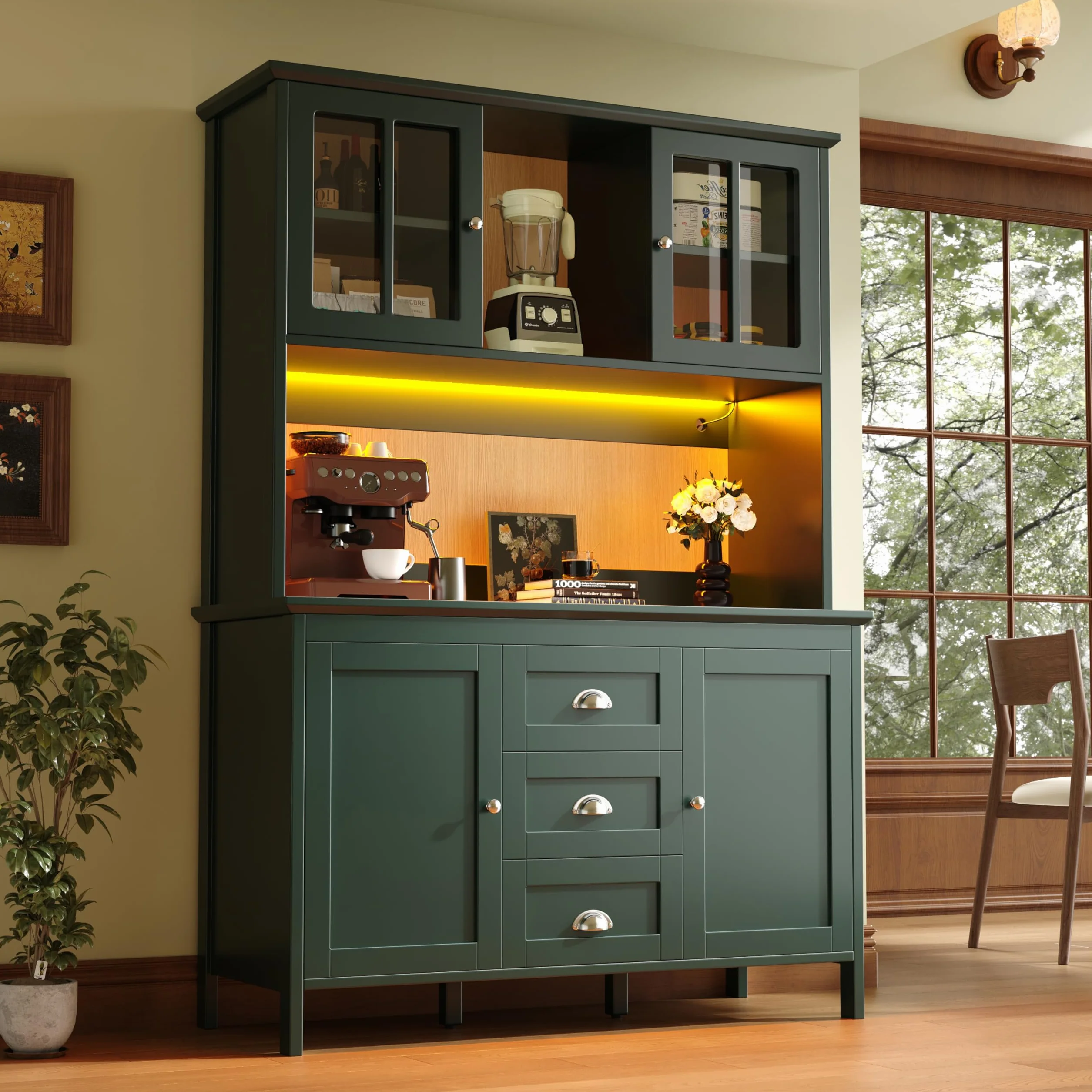 Kebnor armarios de Cocina Altos, aparadores, armarios de Cocina con Puertas de Cristal marrón e iluminación LED, Verde (120 x 40 x 179 cm)
