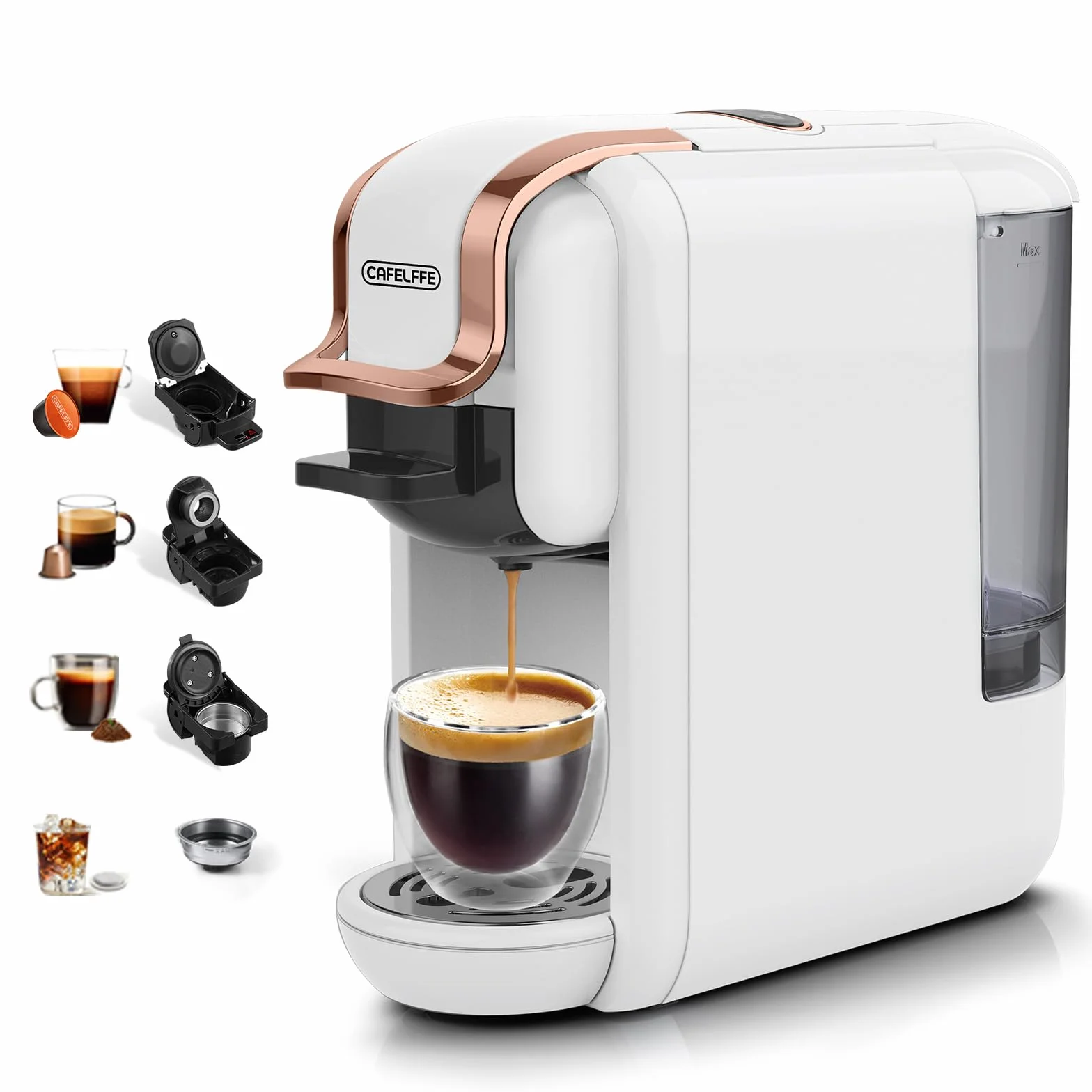 CAFELFFE MK-603 Cafetera de Cápsulas 4 en 1 Caliente/Frío Máquina de Café Expreso de una porción Individual Compatible con ESE Pods, Nes Original/DG Cápsulas y Café Molido Preparación Rápida Blanco