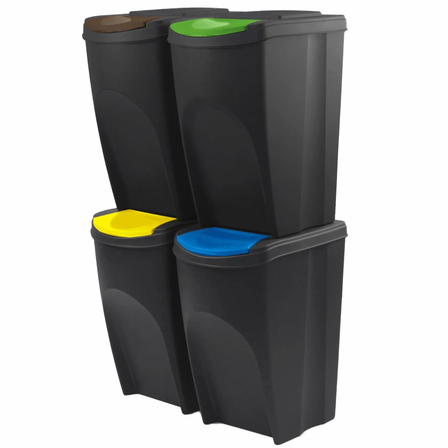 Juego de 4 cubos de basura Sortibox | Negros | Apilables | Reciclaje diferenciado | de plástico | 140 litros (4 x 35 L) | para casa interior