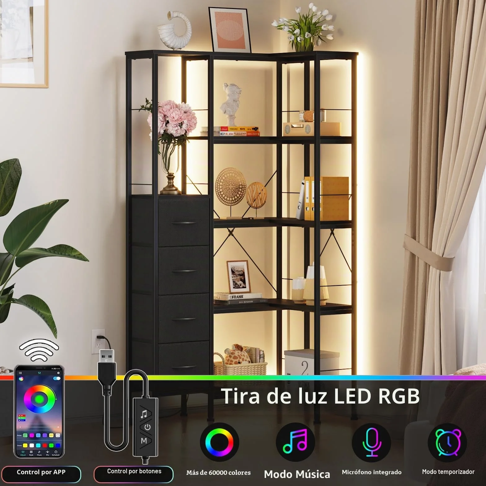 Estanteria Esquina con Iluminación LED, Estanterias Almacenaje de 5 Niveles con 4 Cajones de Tela, Estanteria Libros, Estanteria para Sala de Estar, Dormitorio, Oficina, Negro