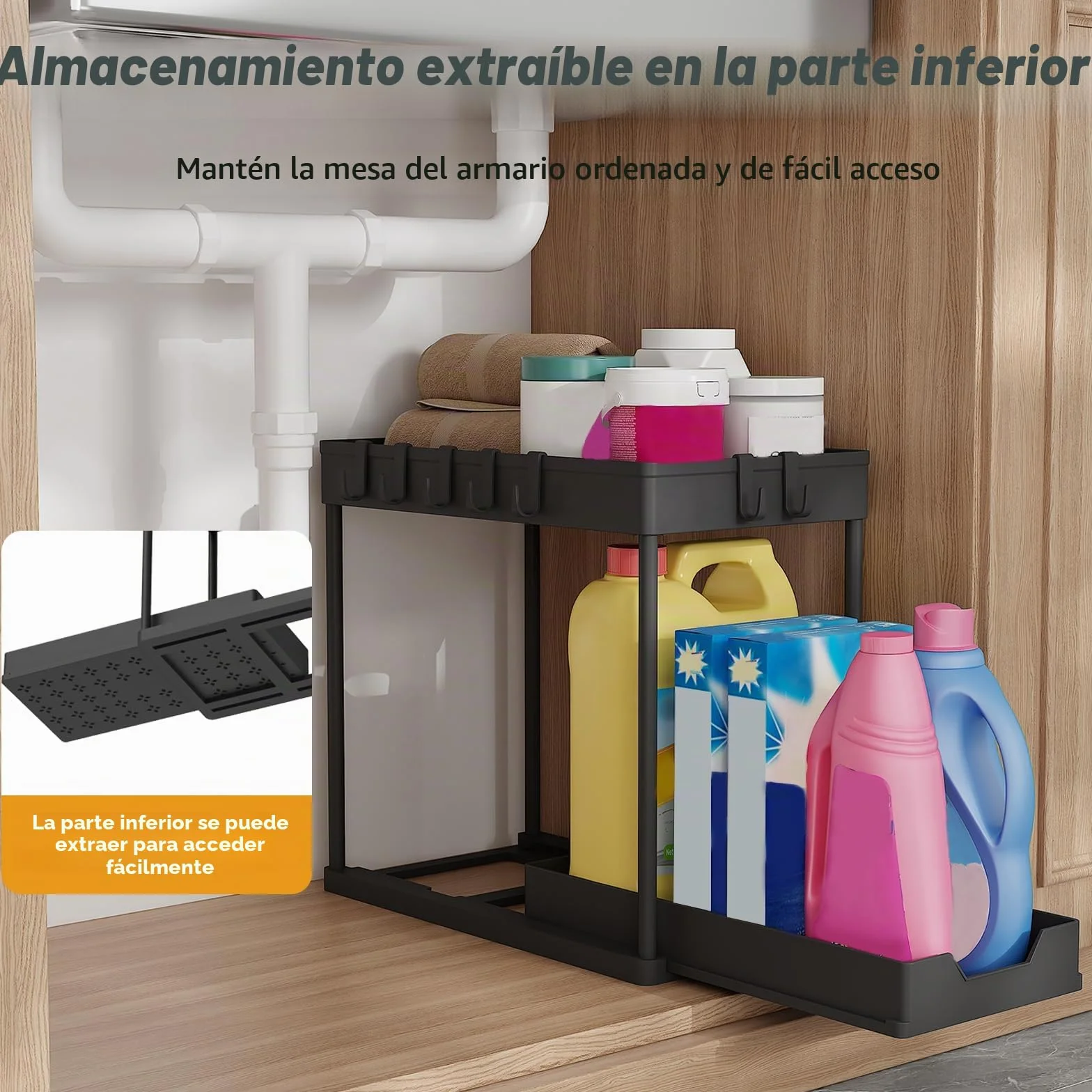 Organizador Cocina 2 Niveles para Debajo del Fregadero - Estante Almacenamiento Extraíble con 16 Ganchos, Negro