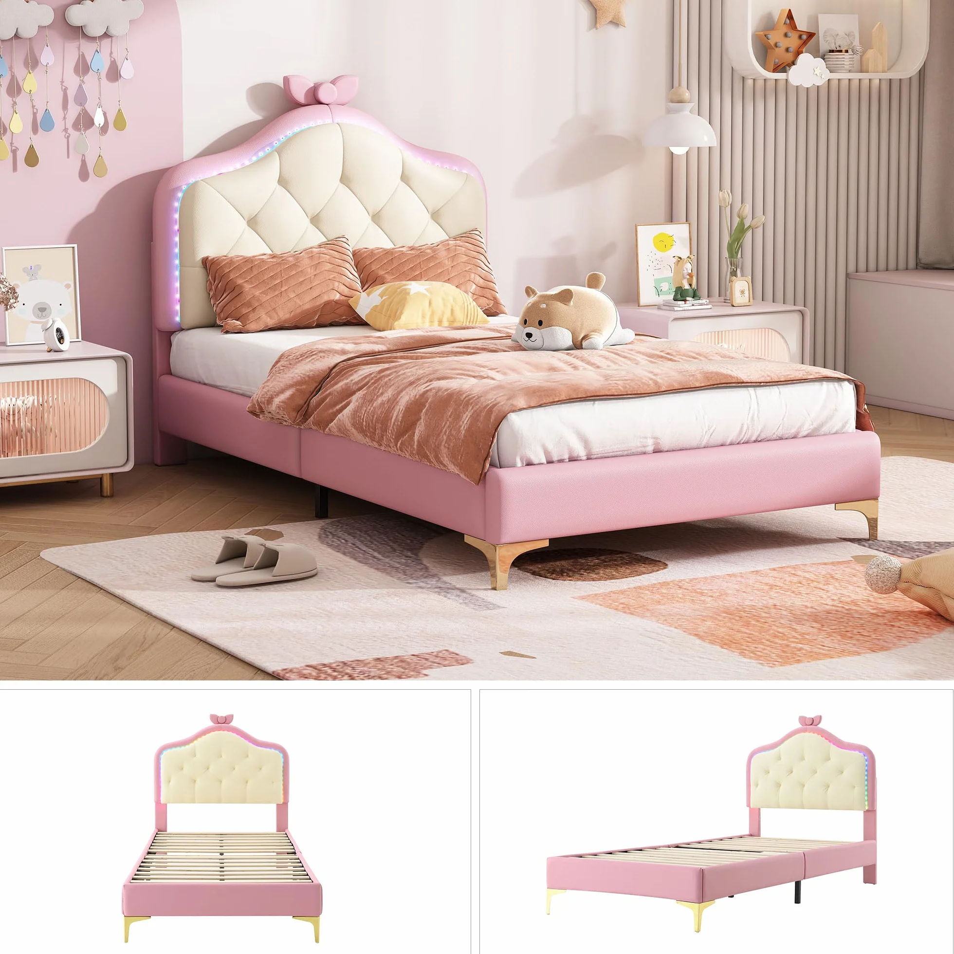 Cama tapizada mágica de princesa: rosa y blanco, 90 x 200 cm, cabecero con forma de nube con lazo y tiras LED, piel sintética, cama individual para niñas, ideal para habitación infantil con somier de