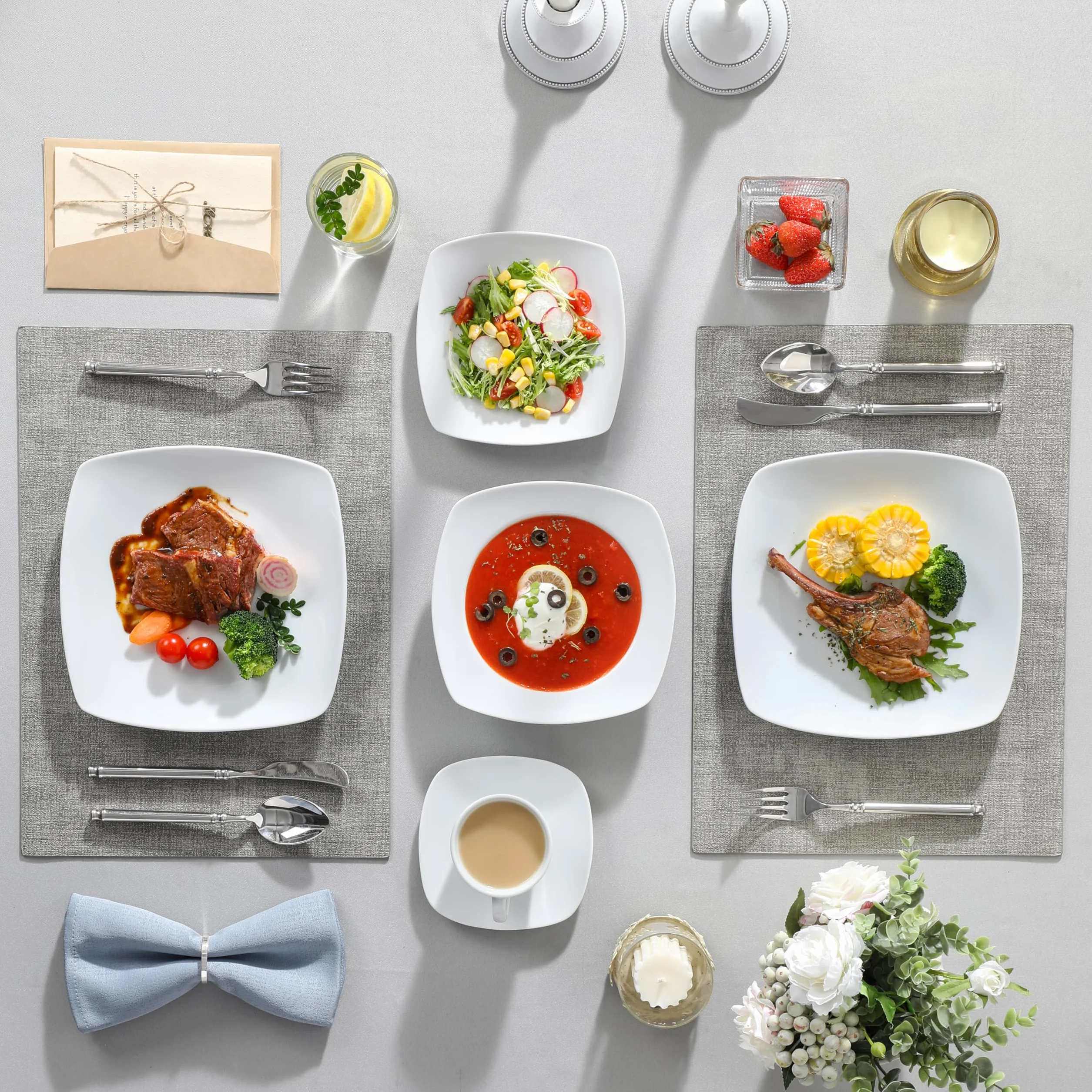 MALACASA JULIA Vajillas Completas 12 Personas, 60 Piezas Juego de Platos de Porcelana con 12 Platos Llanos, 12 Platos de Postre, 12 Platos Hondos, 12 Tazas de Café y 12 Platillo, Vajilla Blanca